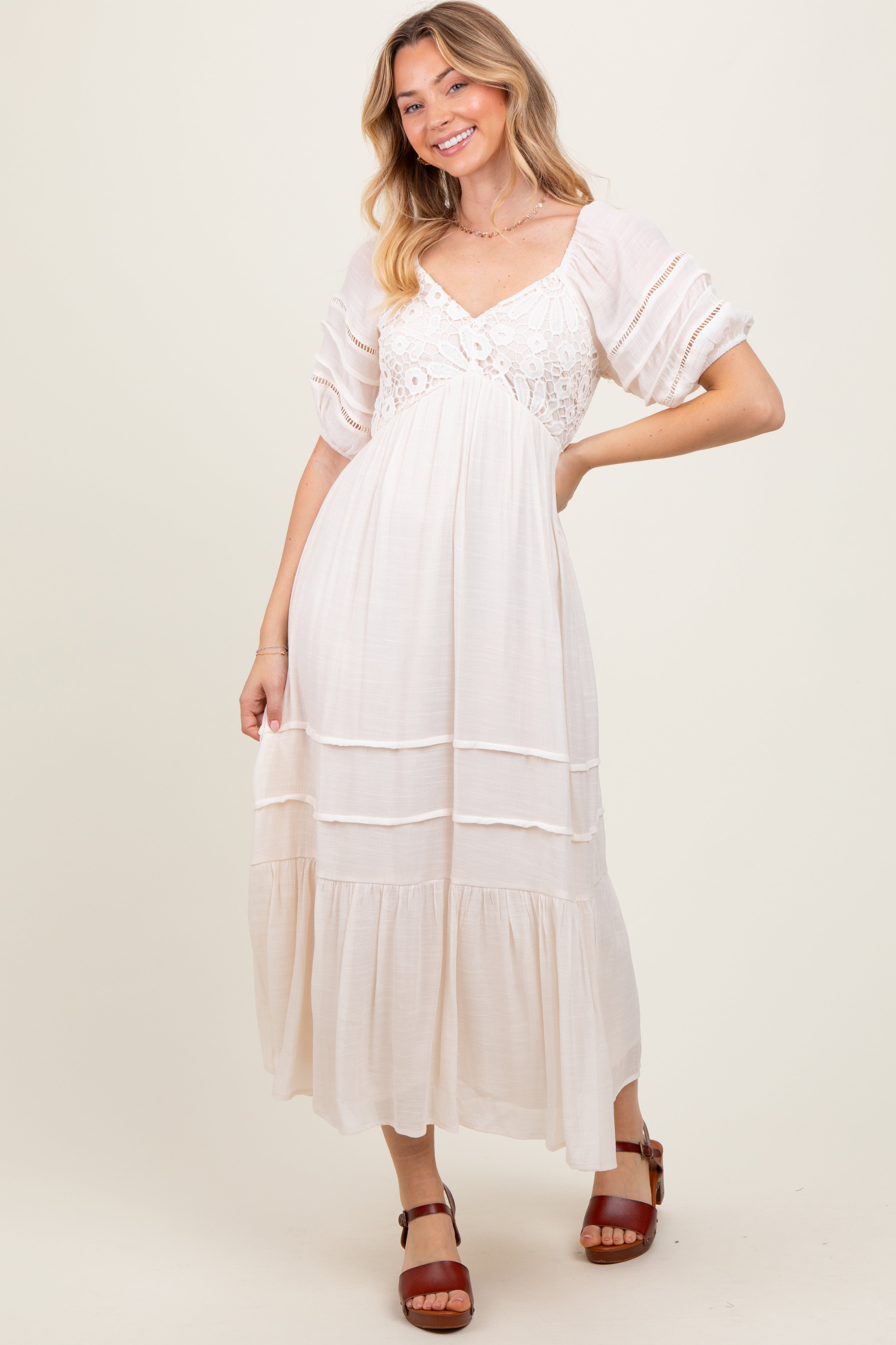 Cream Crochet Detail Bodice Midi Dress