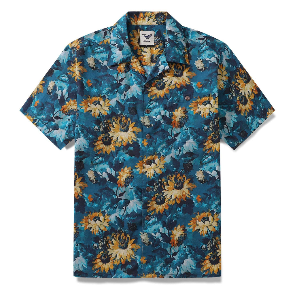 Men wearing a camp collar Hawaiian shirt featuring blue and yellow daisy floral prints.