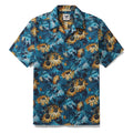 Men wearing a camp collar Hawaiian shirt featuring blue and yellow daisy floral prints.