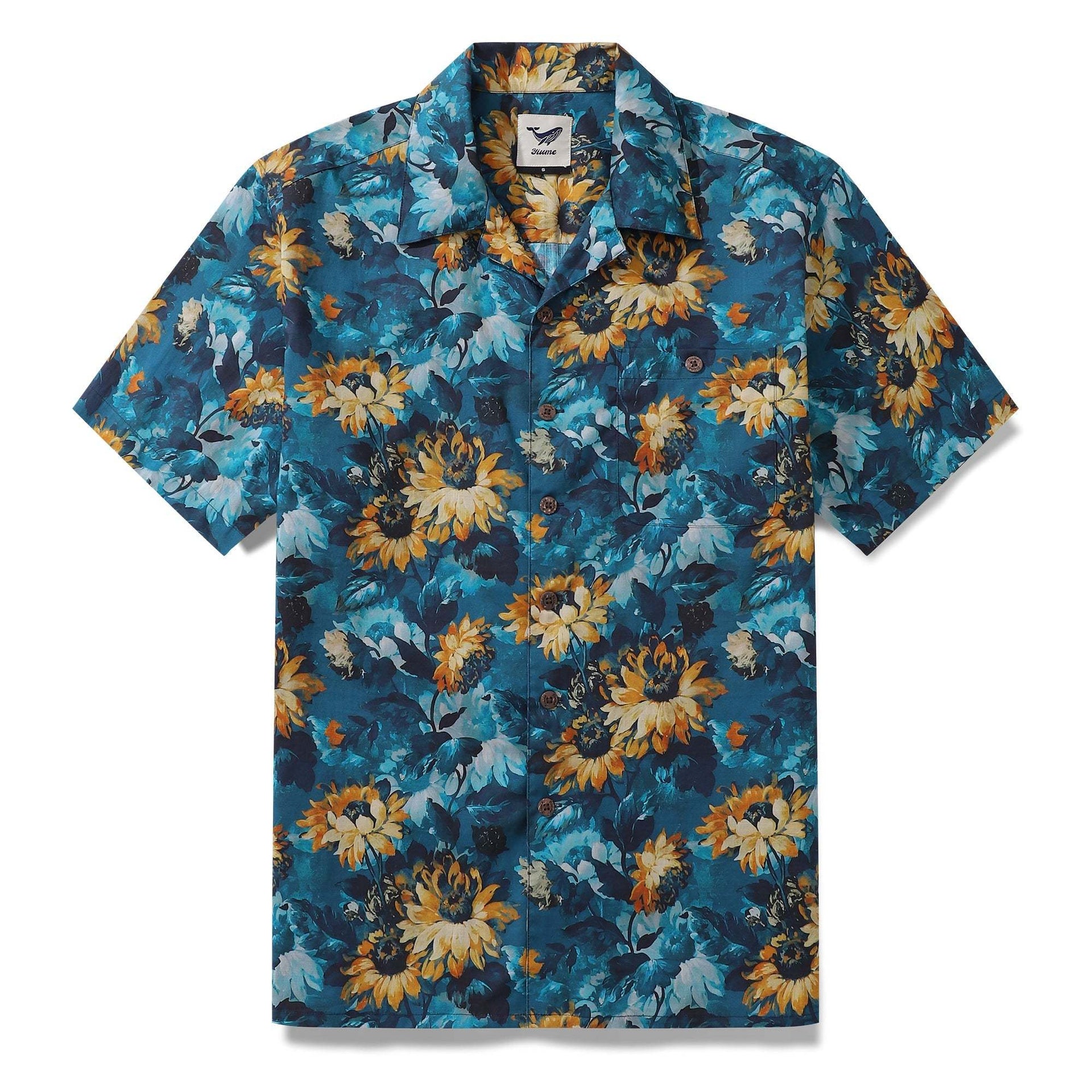 Men wearing a camp collar Hawaiian shirt featuring blue and yellow daisy floral prints.