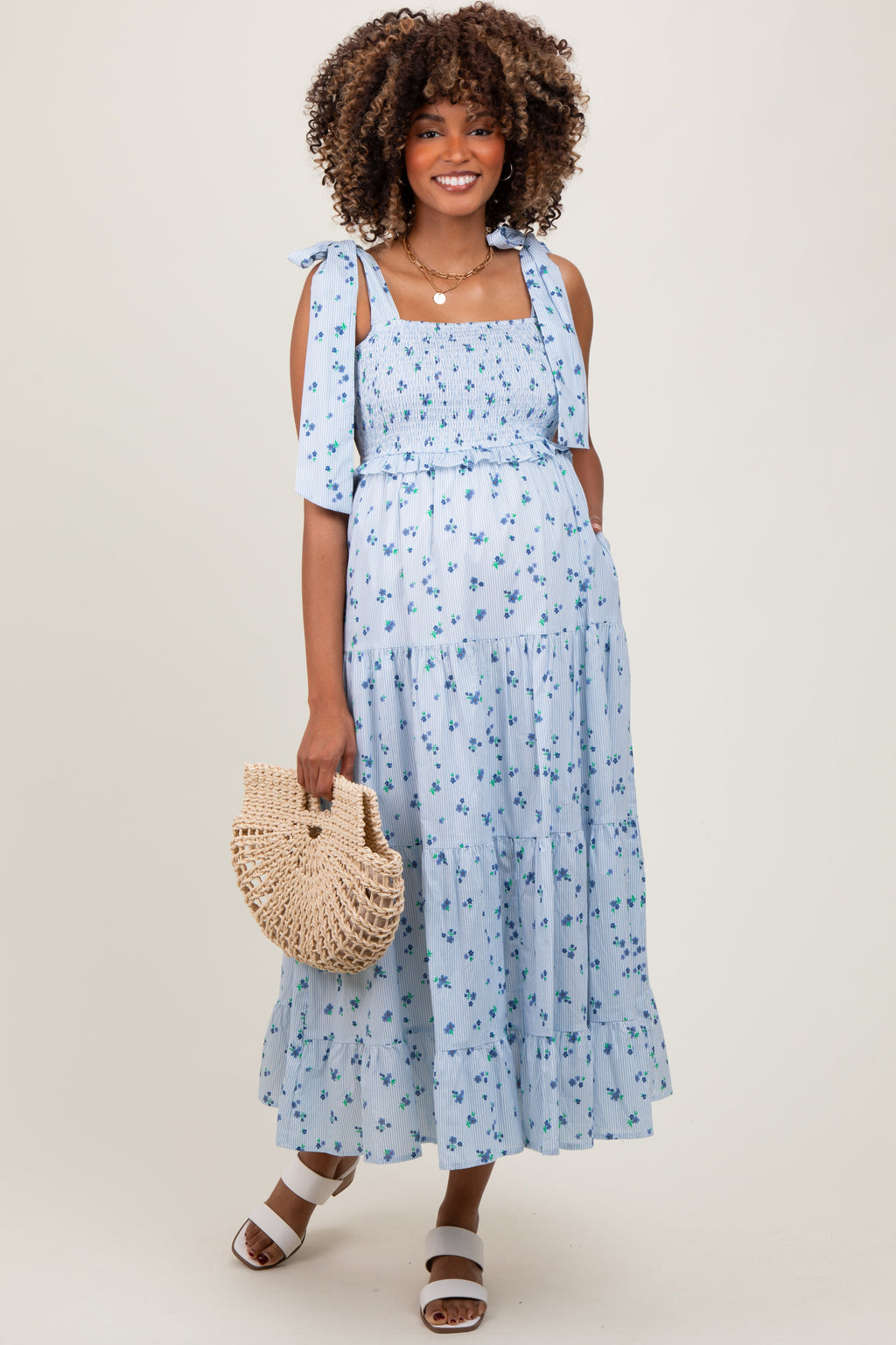 Light Blue Floral Striped Smocked Shoulder Tie Maternity Maxi Dress