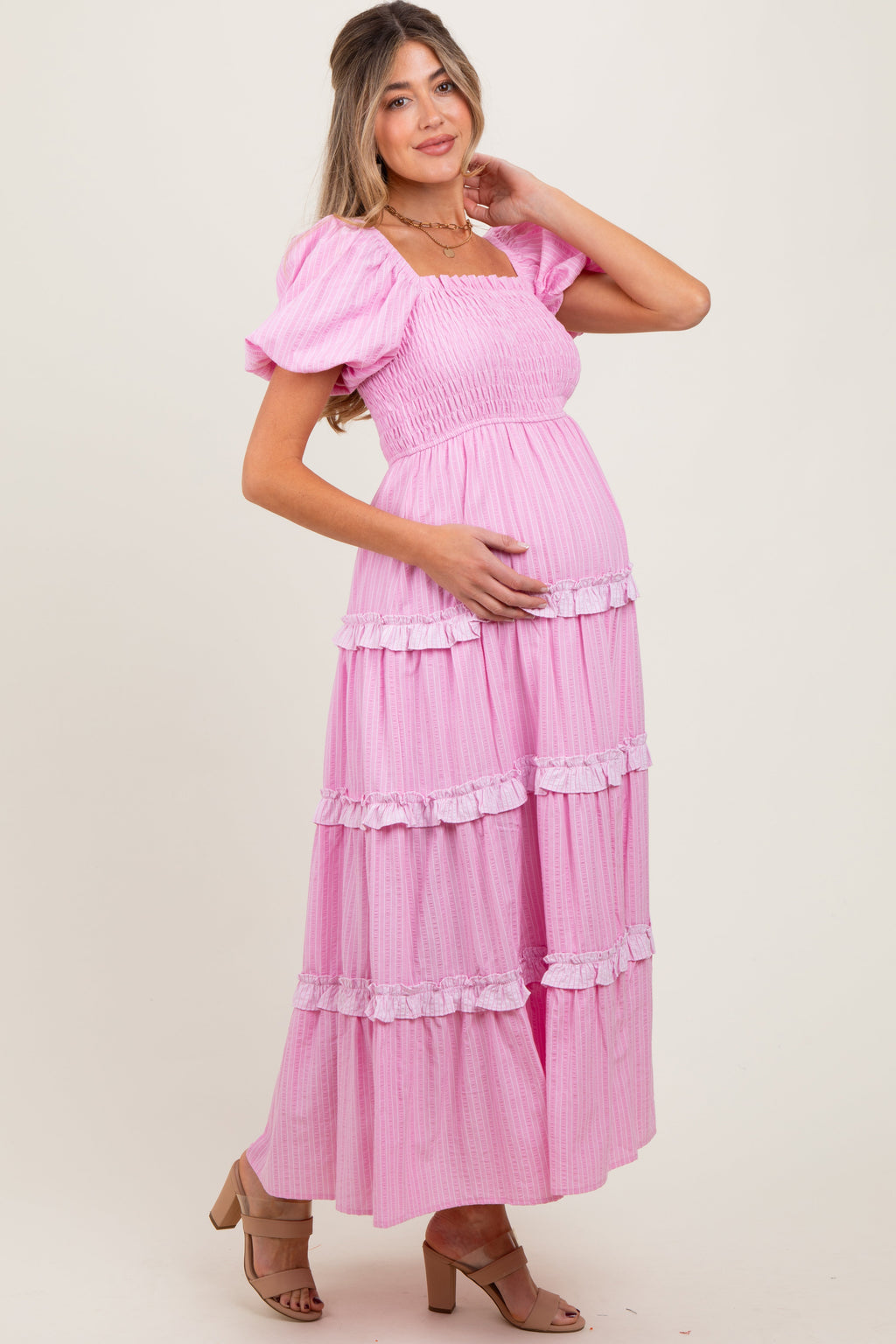 Pink Smocked Ruffle Tiered Puff Sleeve Maternity Maxi Dress