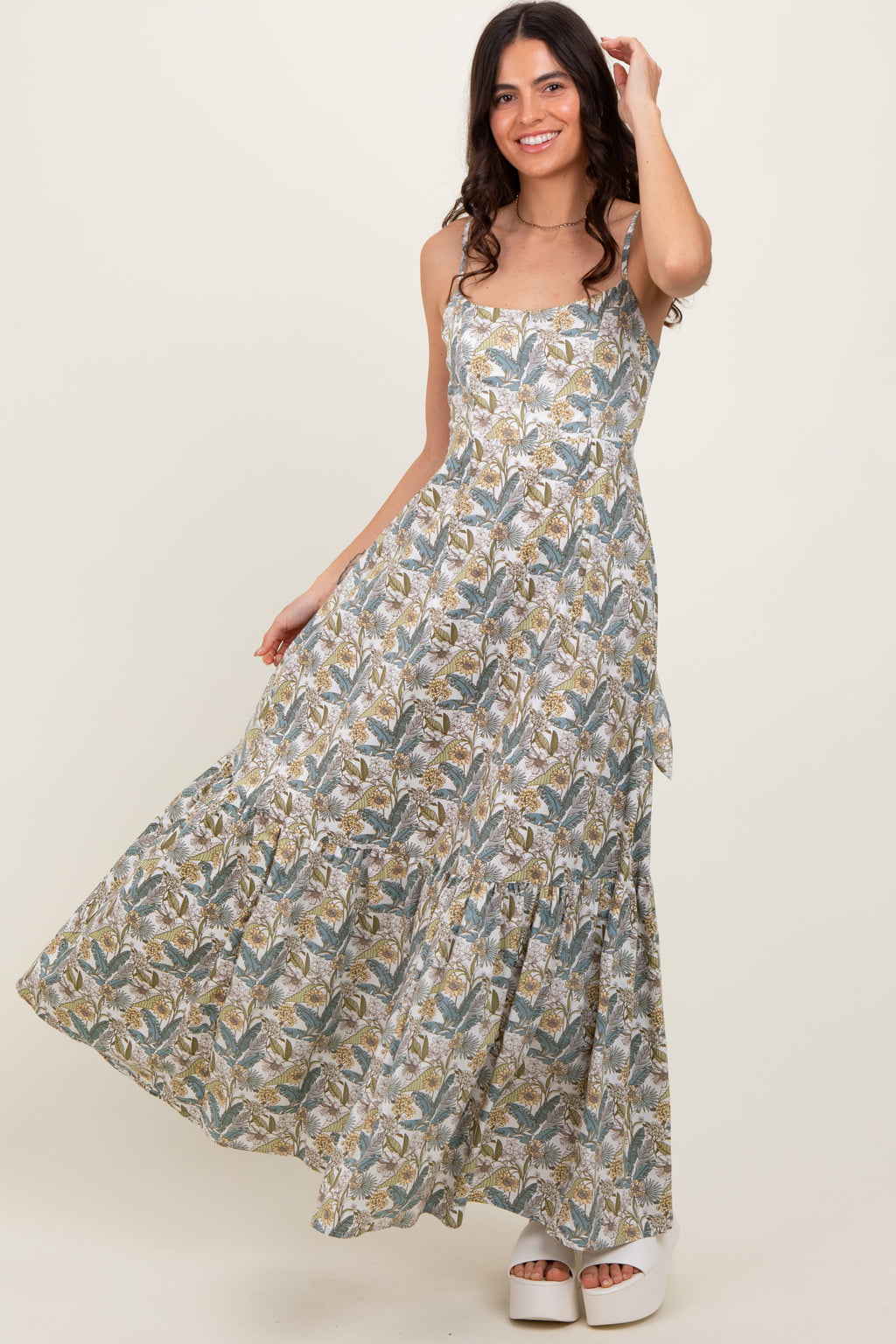 White Floral Tie Back Cutout Maxi Dress