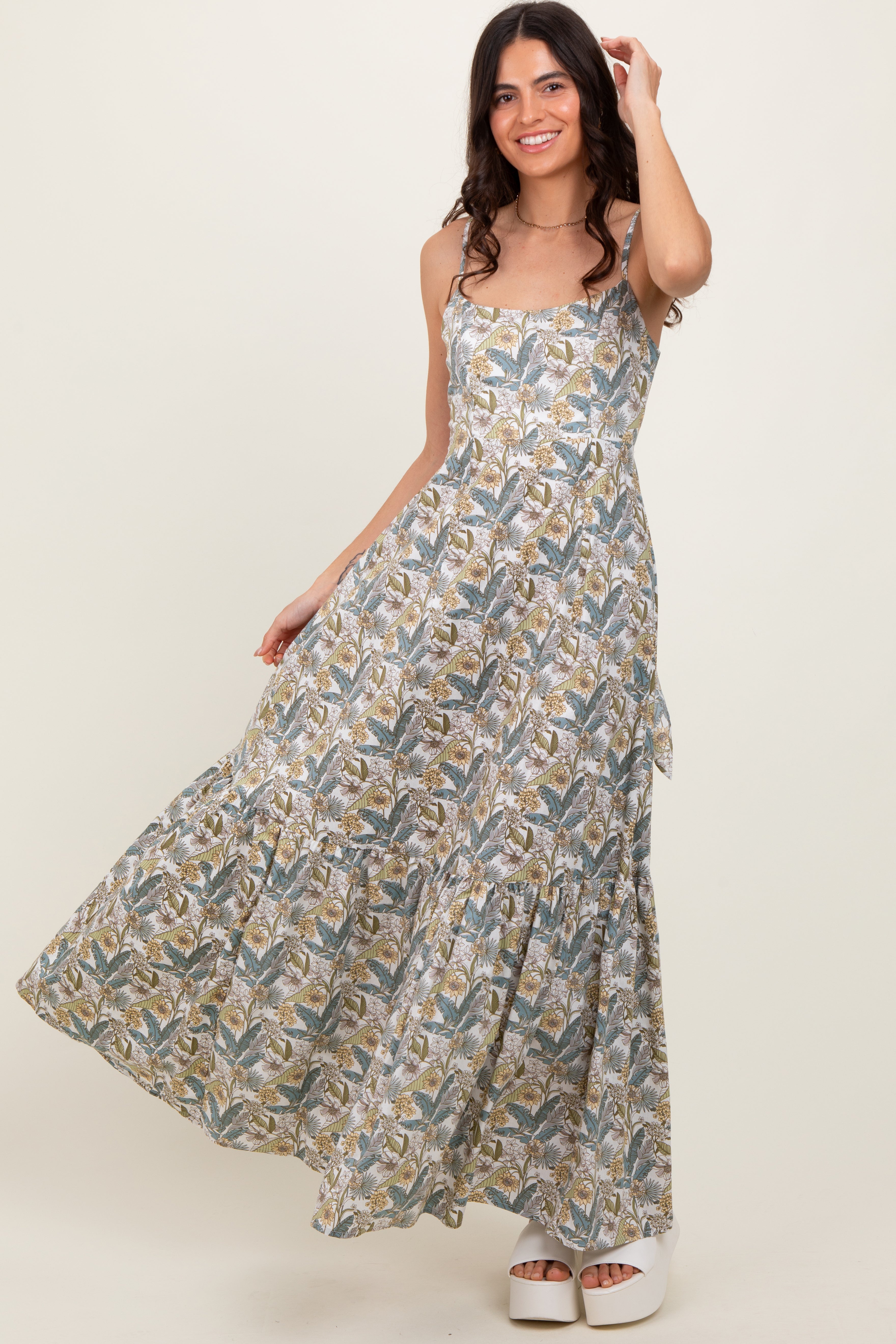 White Floral Tie Back Cutout Maxi Dress