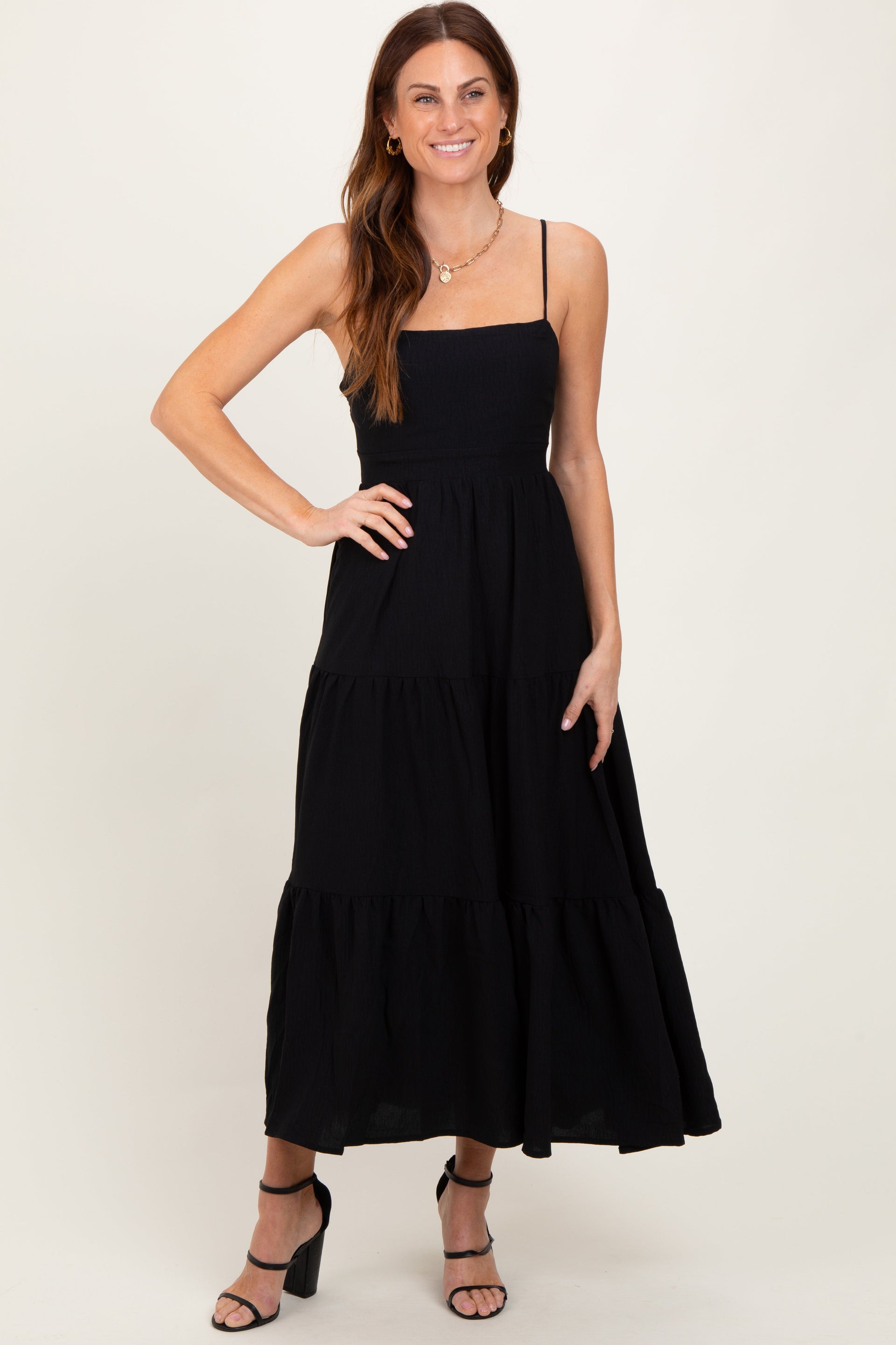 Black Tiered Cutout Tie Back Midi Dress