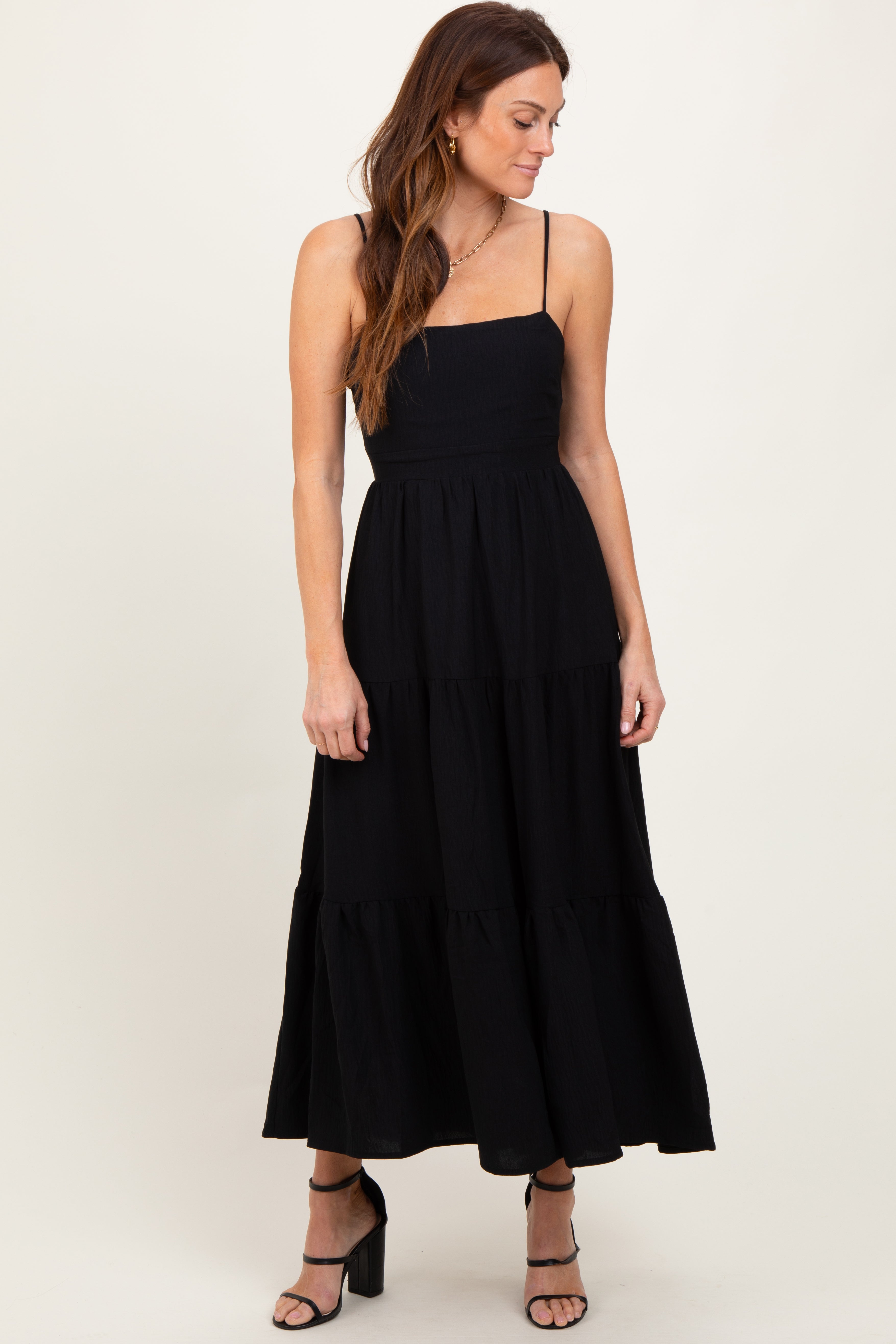 Black Tiered Cutout Tie Back Midi Dress