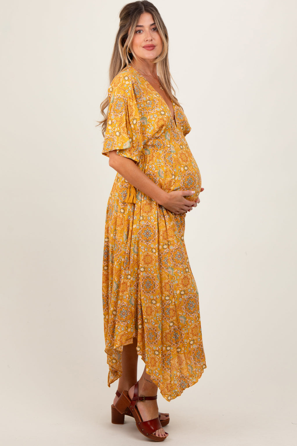 Yellow Printed Deep V-Neck Handkerchief Hem Maternity Maxi Dress