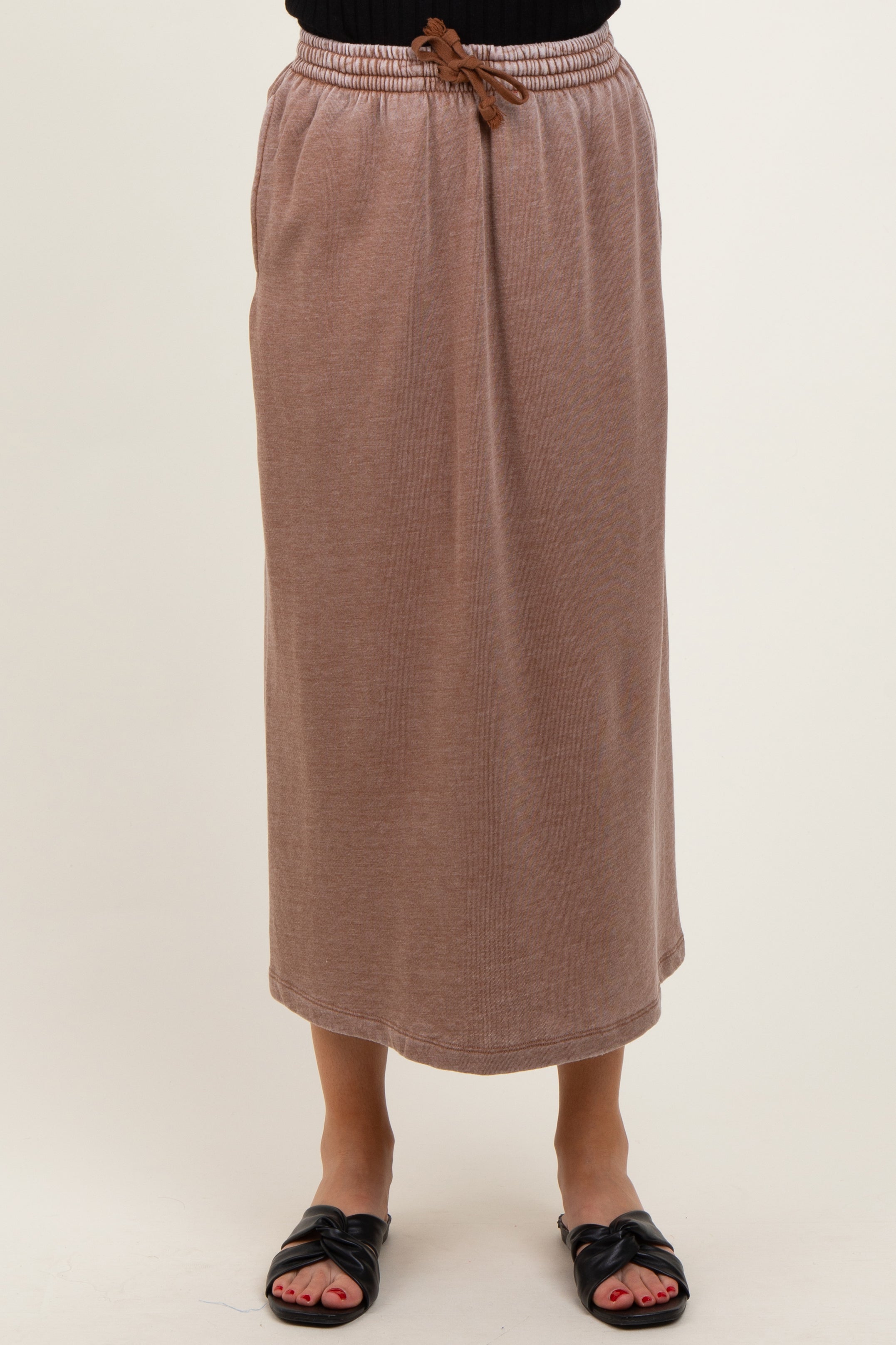 Mocha Terry Drawstring Midi Skirt