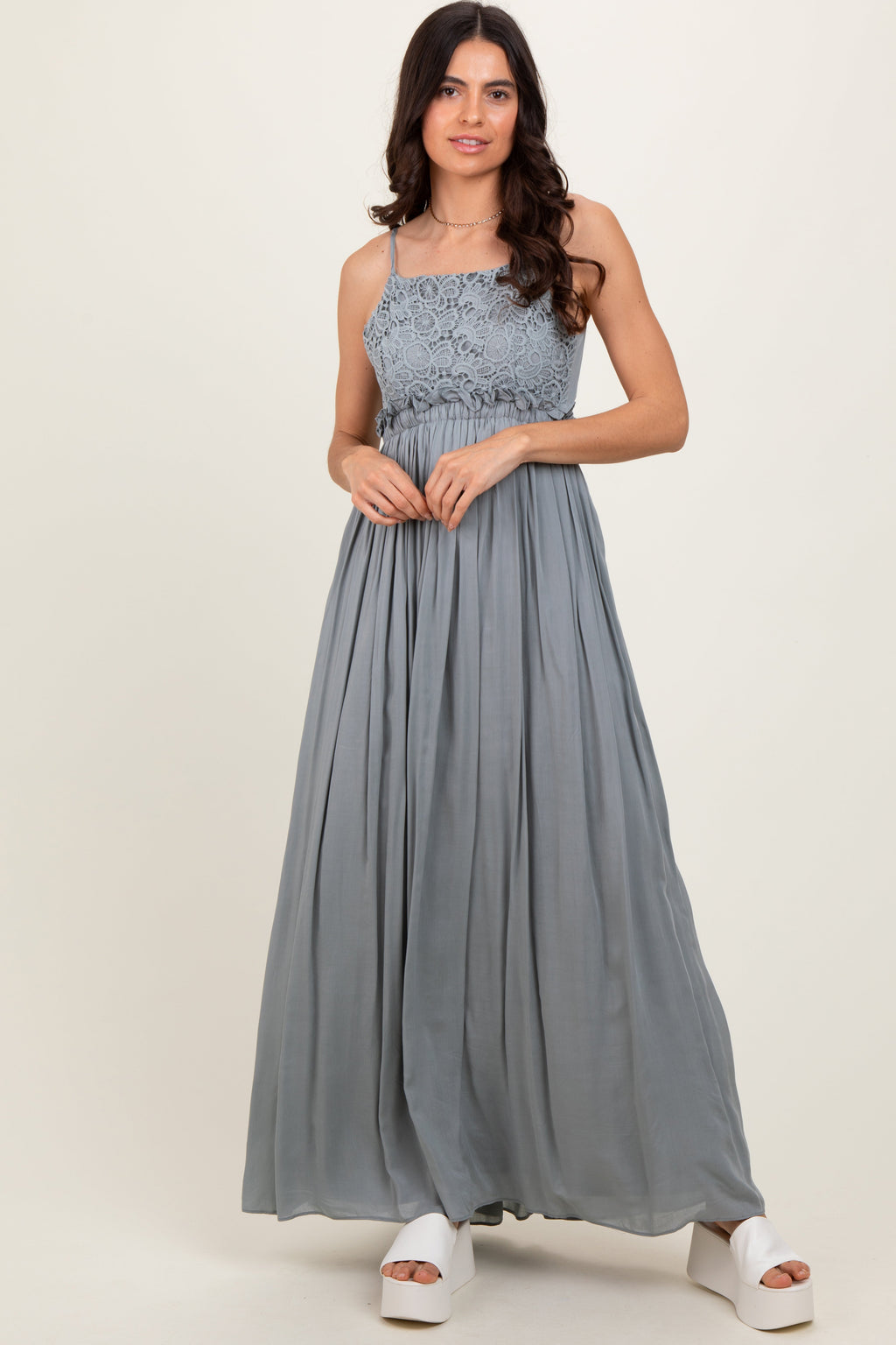 Grey Lace Bodice Cutout Tie Back Maxi Dress