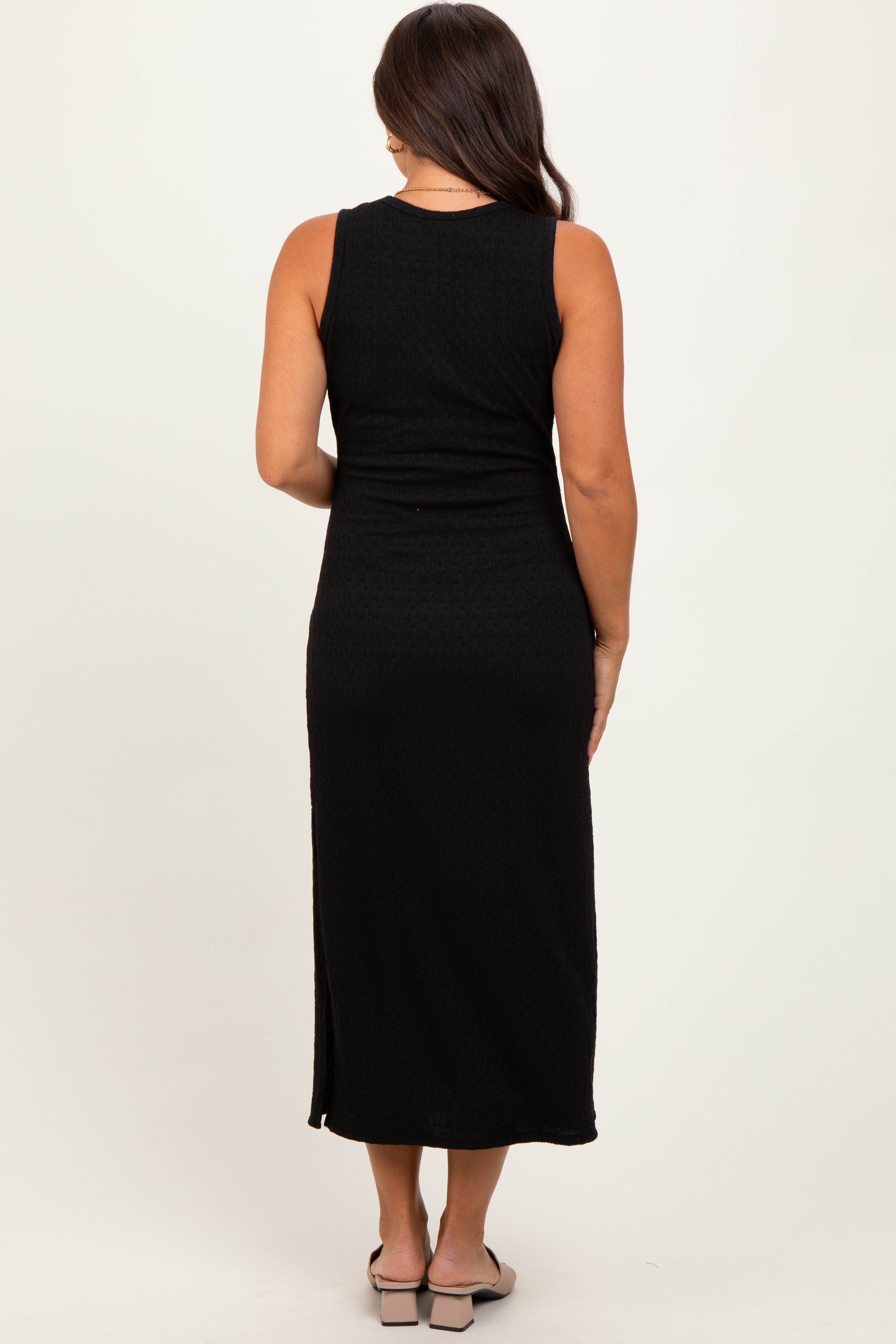 Black Jacquard Sleeveless Side Slit Maternity Midi Dress
