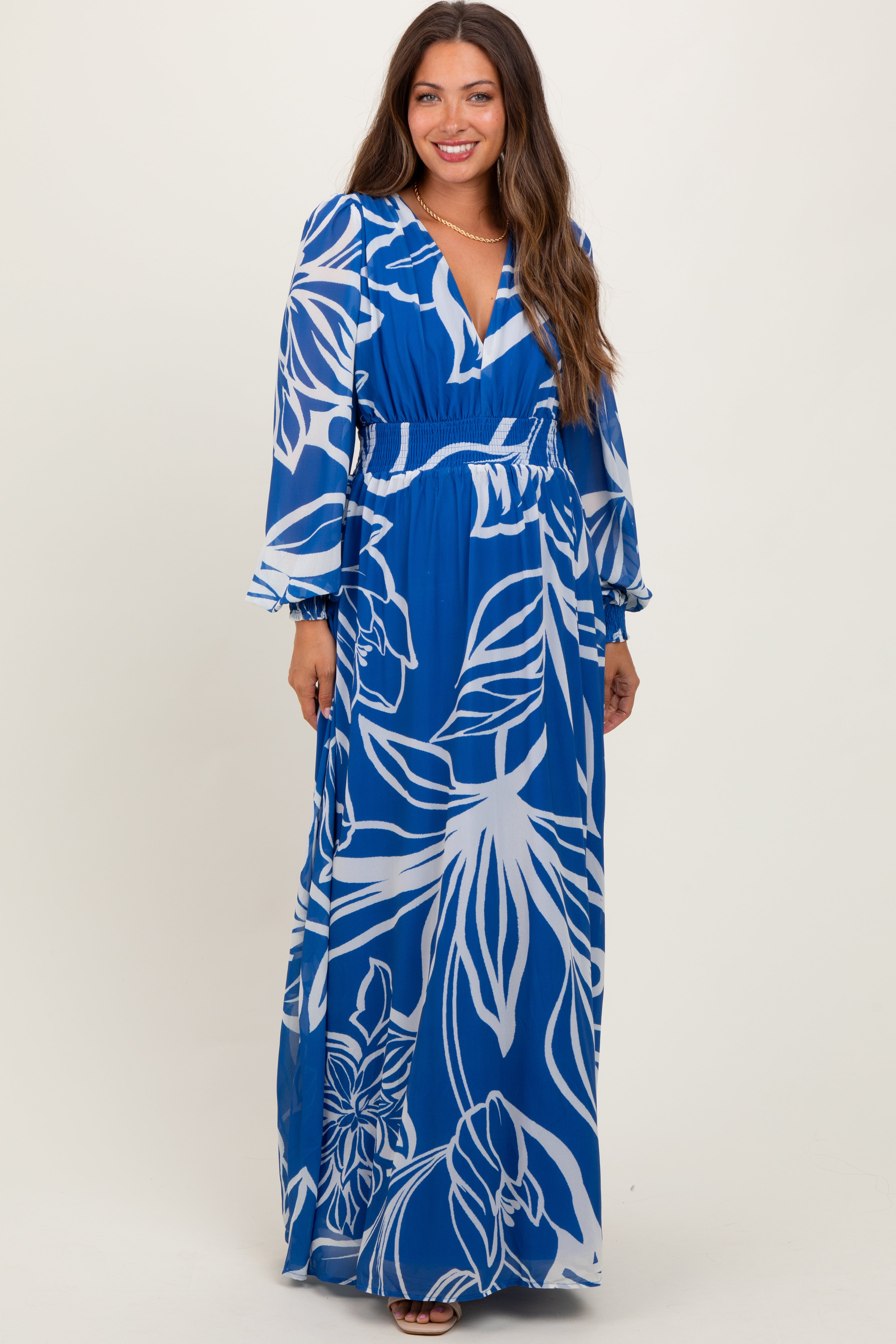 Navy Floral Smocked Waist Long Sleeve Maternity Maxi Dress