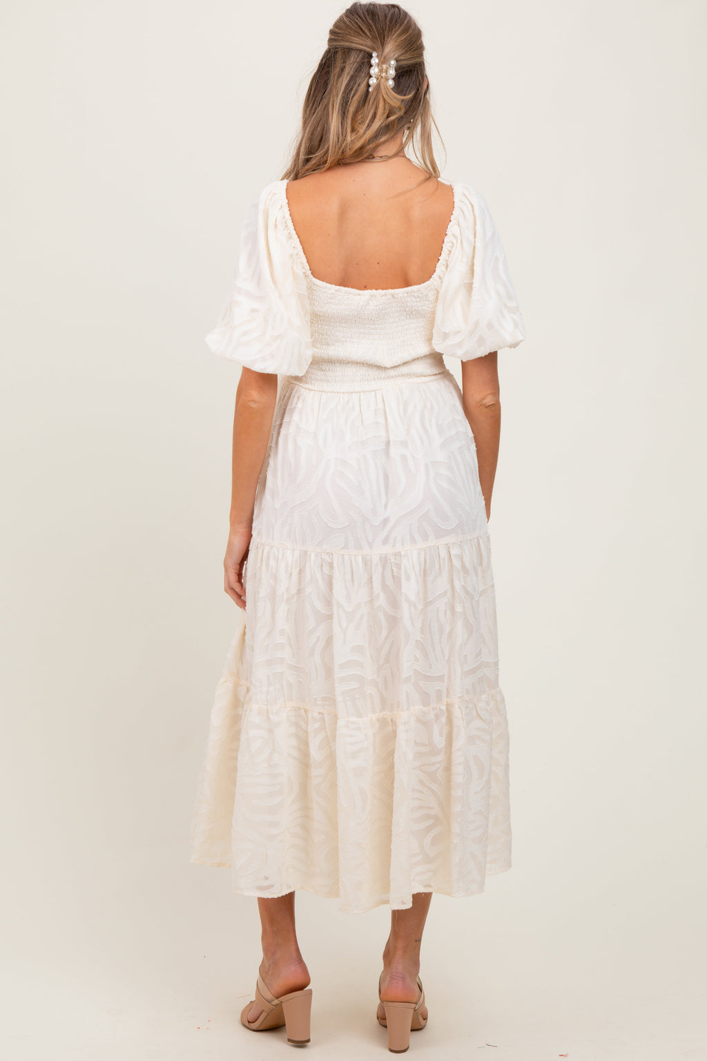 Cream Jacquard Puff Sleeve Tiered Maternity Midi Dress