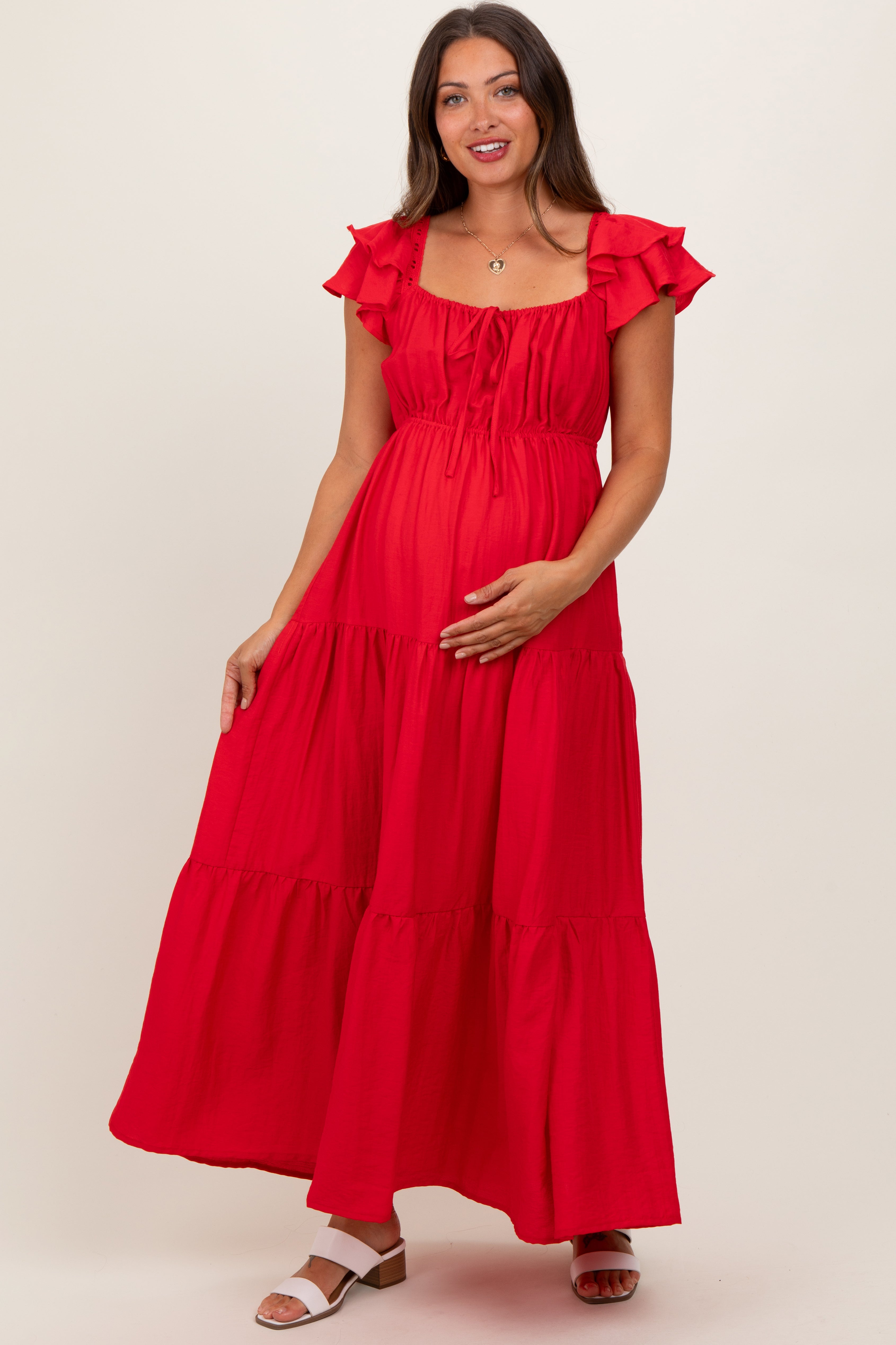 Red Layered Flutter Sleeve Tiered Maternity Maxi Dress