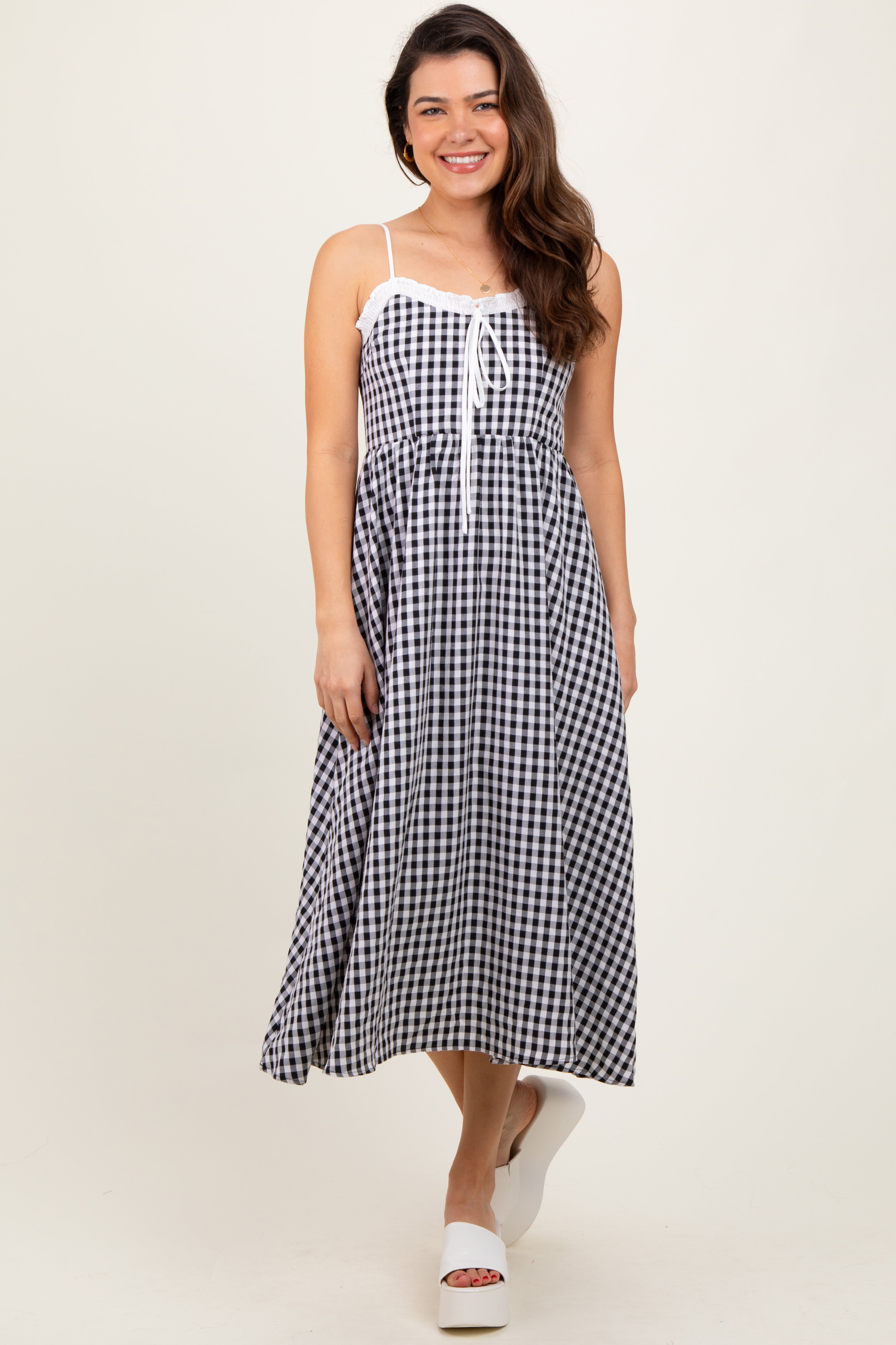 Black Gingham Smocked Trim Midi Dress