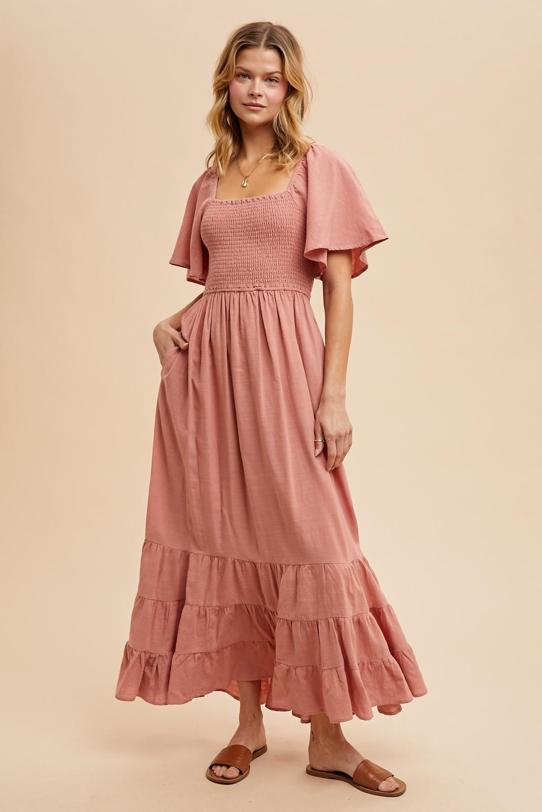 Mauve Smocked Cotton Flutter Sleeve Maxi Dress