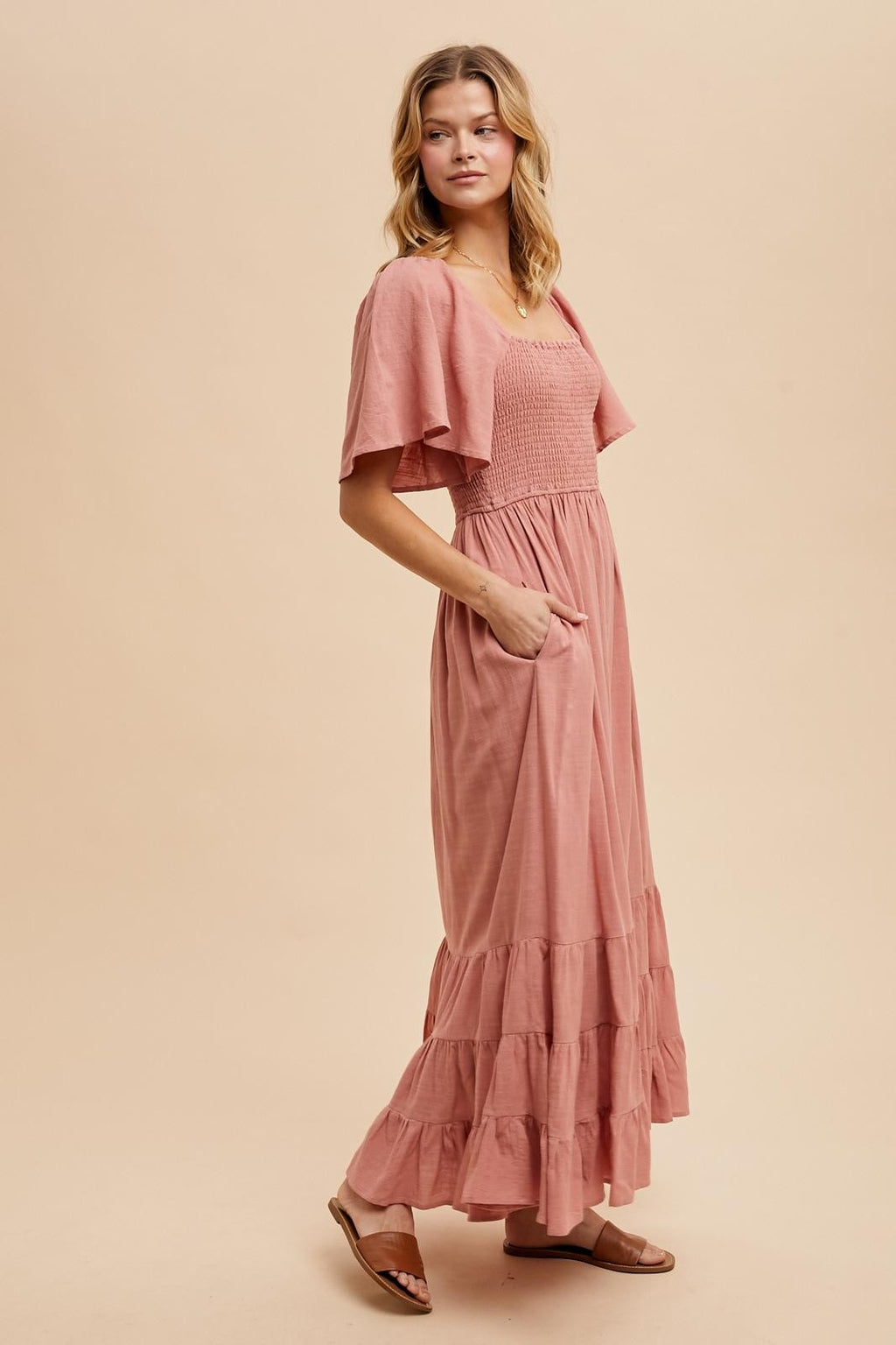 Mauve Smocked Cotton Flutter Sleeve Maxi Dress