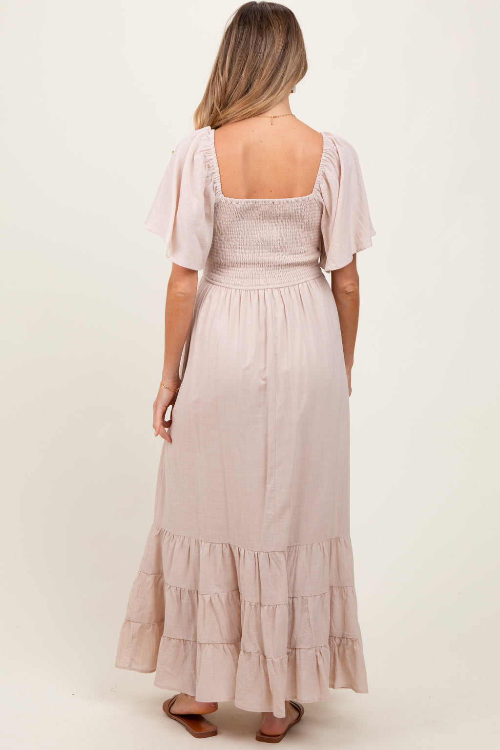 Cream Smocked Cotton Flutter Sleeve Maternity Maxi Dress