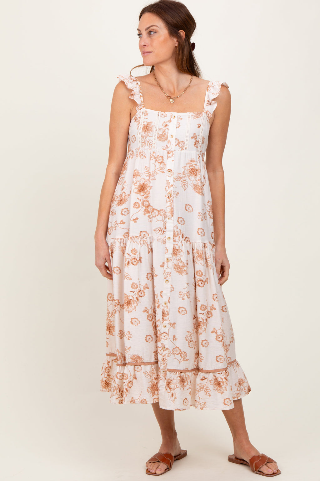 Brown Floral Ruffle Strap Tiered Maternity Midi Dress