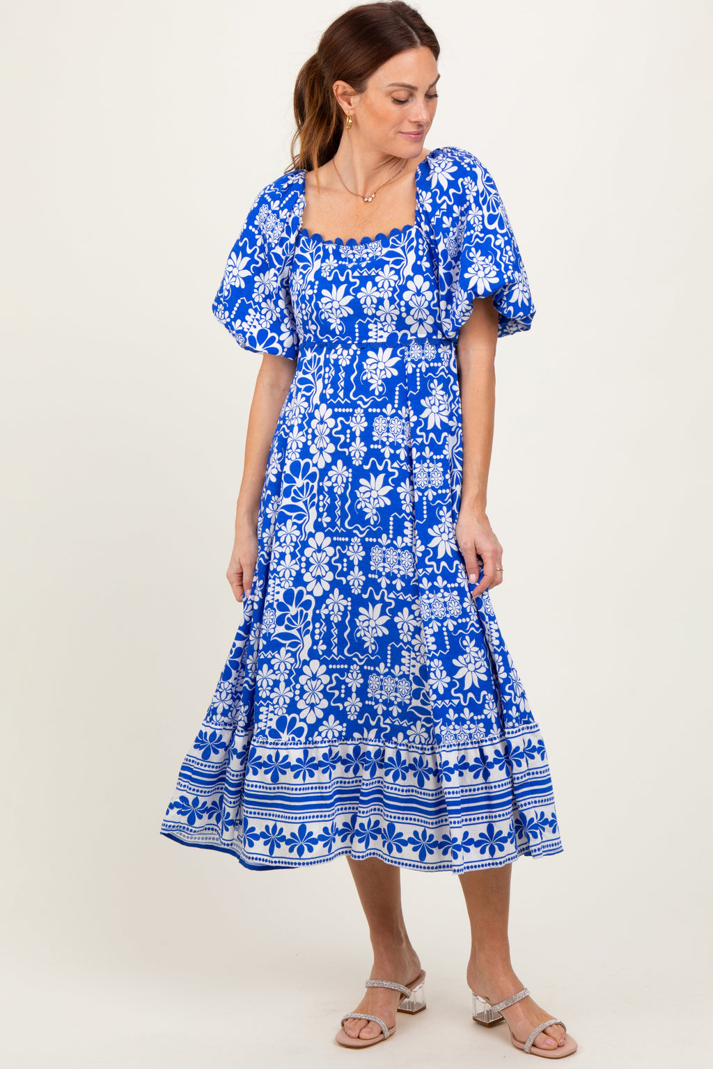 Blue Floral Scallop Trim Maternity Midi Dress