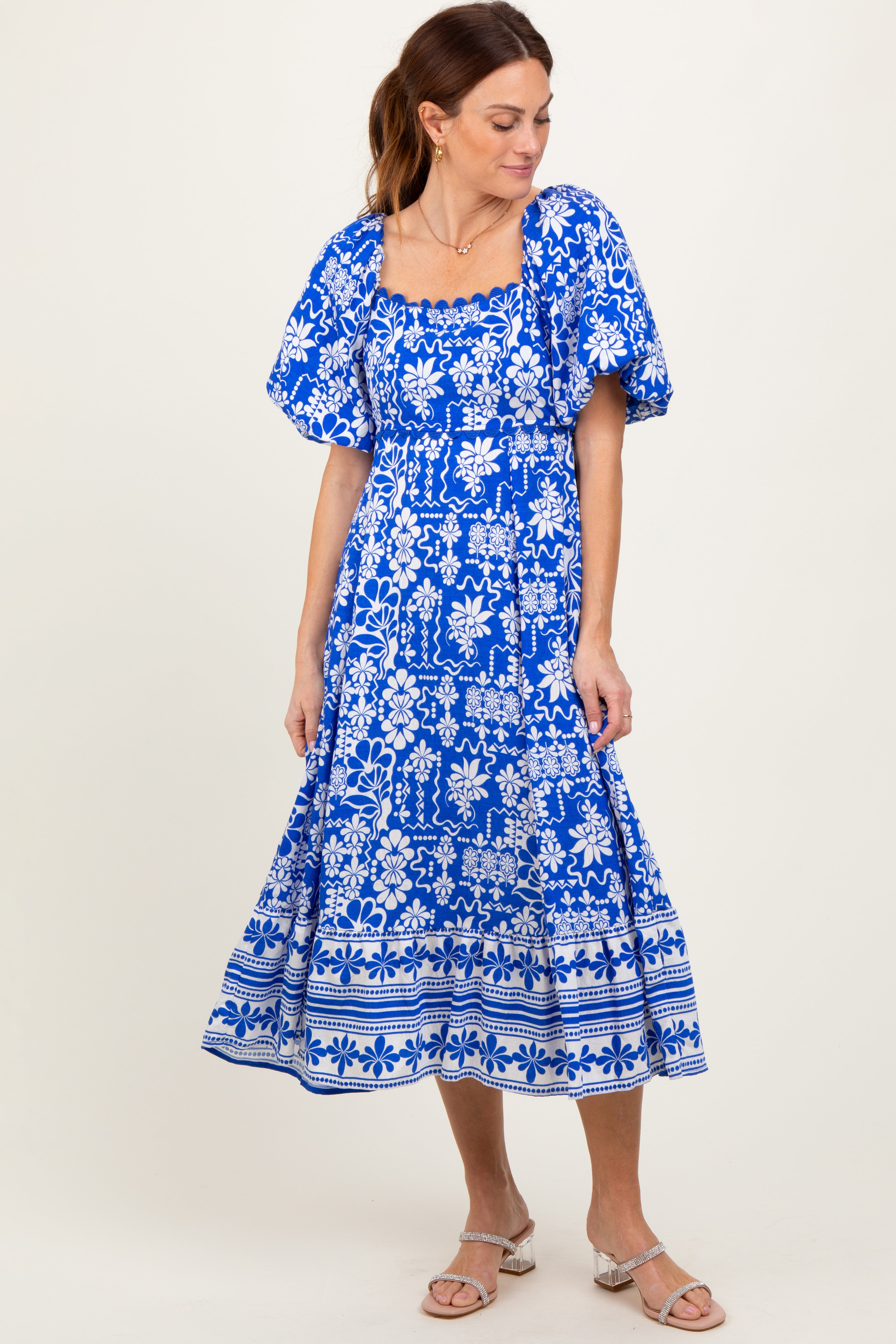 Blue Floral Scallop Trim Midi Dress