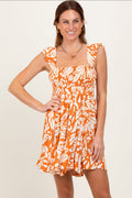 Orange Printed Smocked Ruffle Strap Dress