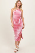 Pink Striped One Shoulder Side Slit Midi Dress