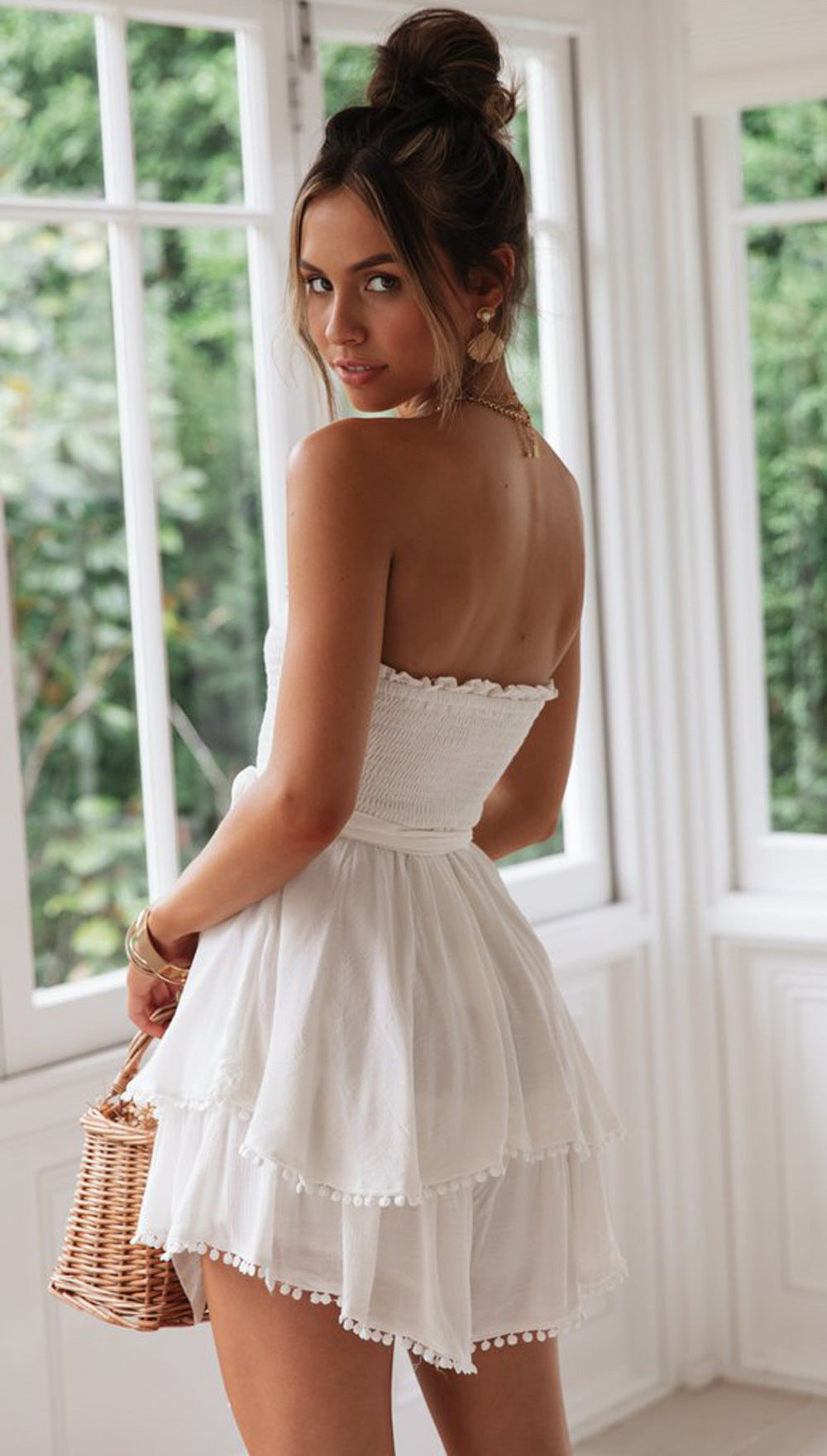 Summer Lace-up Chest-Wrapped Dress Sexy Ruffles Short Women Clothing Smocked