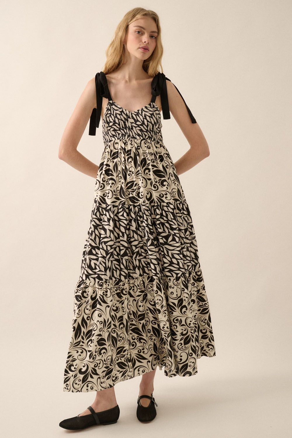 Black Leaf Print Smocked Shoulder Tie Tiered Maternity Maxi Dress
