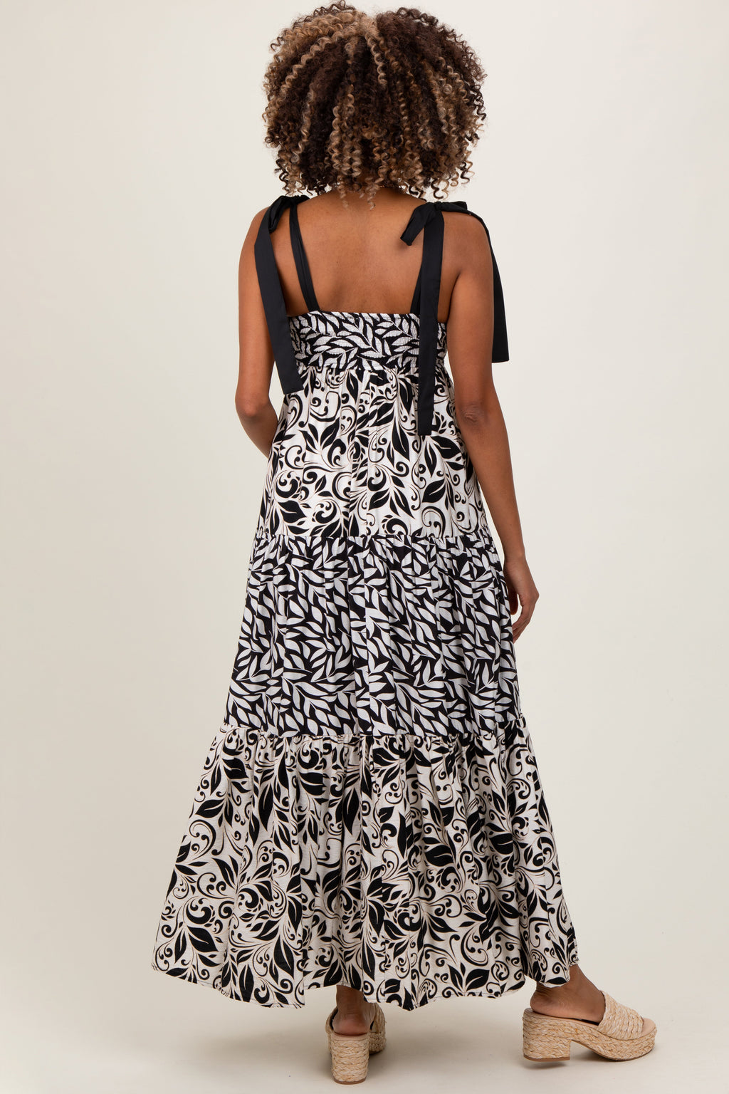 Black Leaf Print Smocked Shoulder Tie Tiered Maternity Maxi Dress