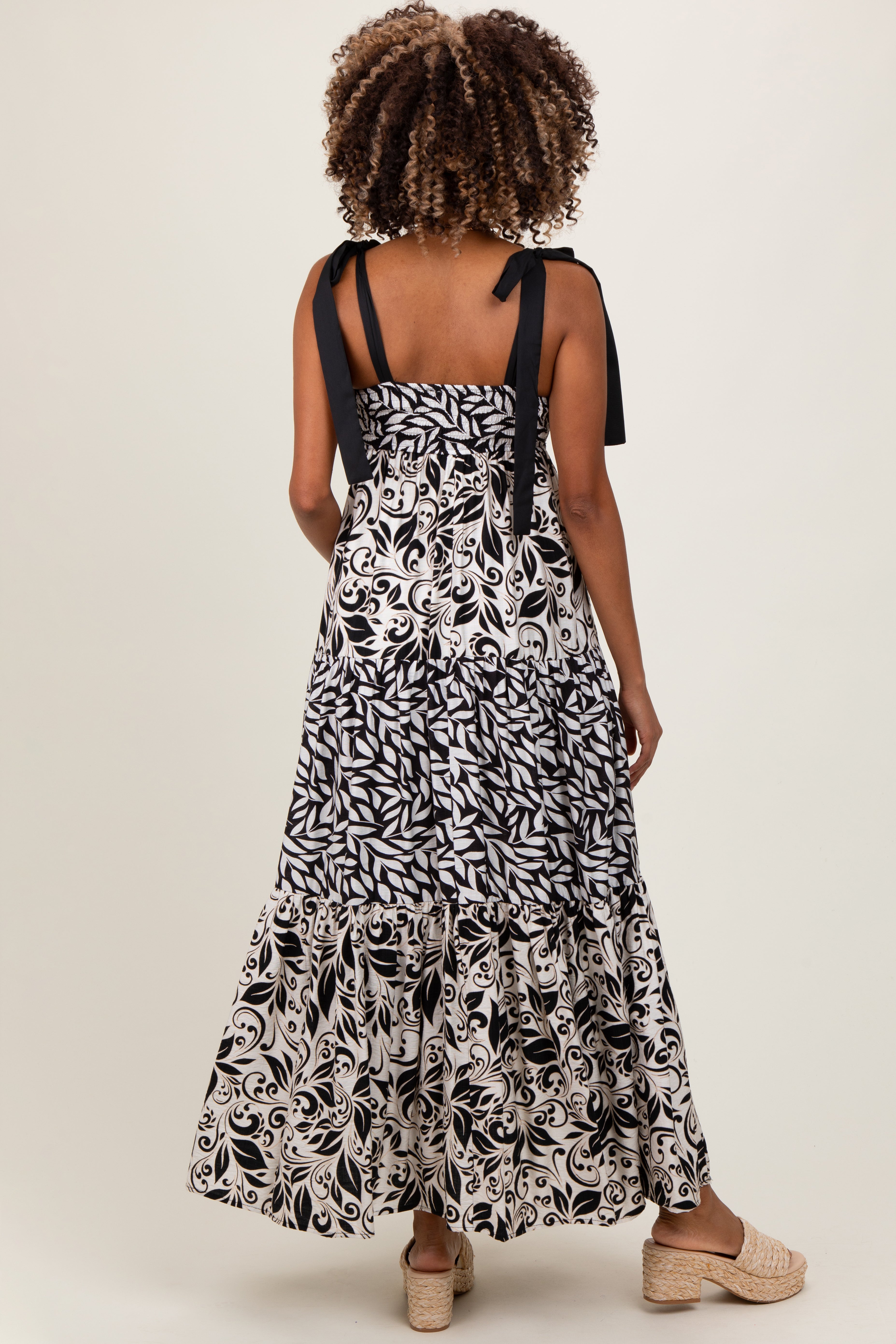 Black Leaf Print Smocked Shoulder Tie Tiered Maternity Maxi Dress