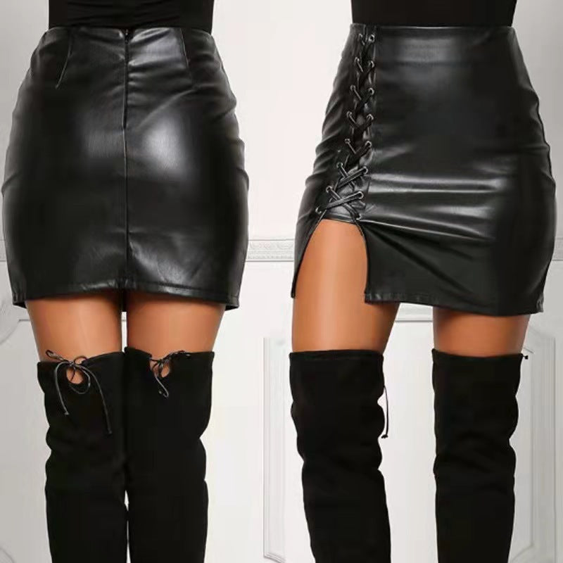 Black High-Waisted Faux Leather Mini Skirt with Lace-Up Slit - Image 4