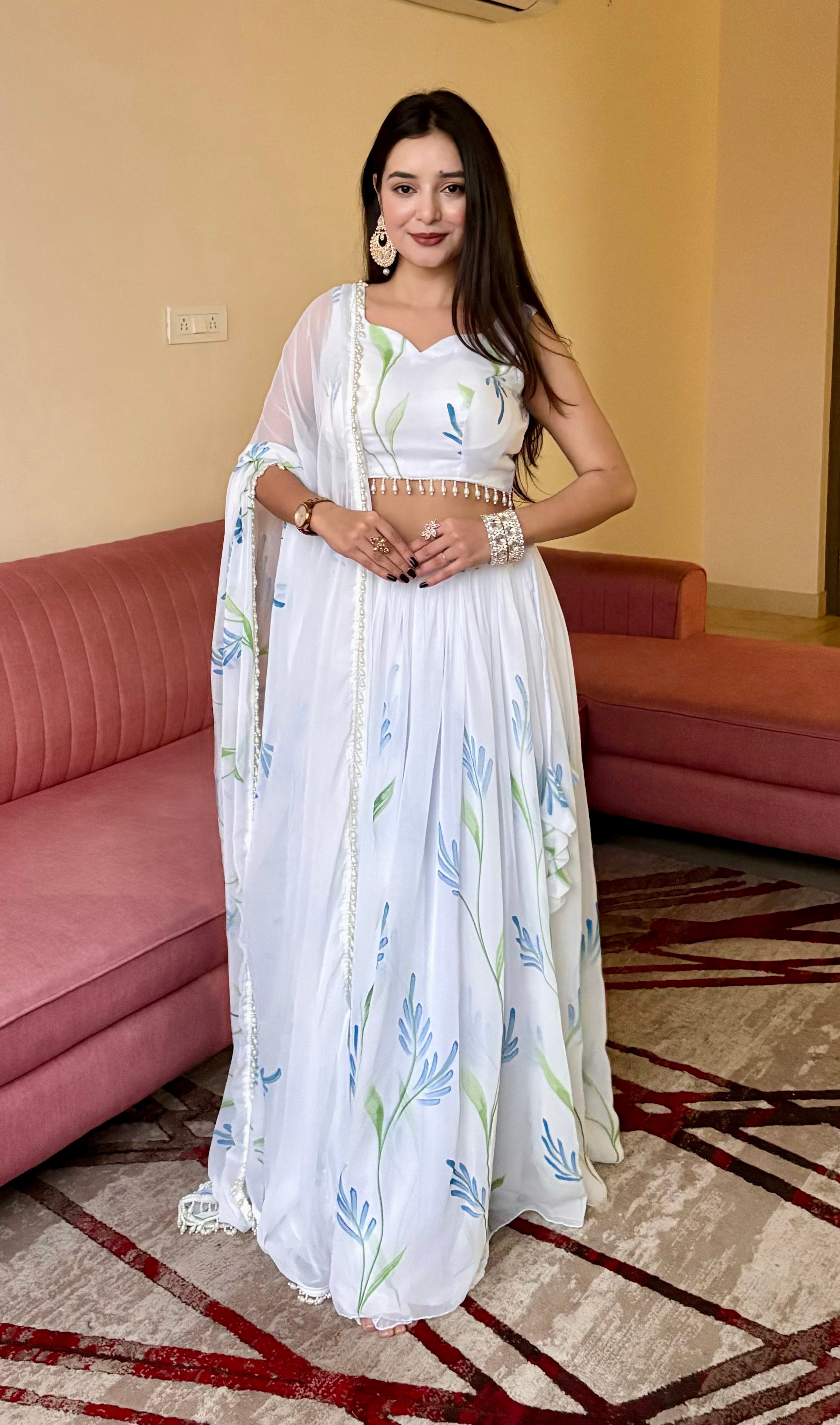 Lorenvalley Fashion White Georgette with Hand-painted Floral Design Lehenga Choli with Dupatta