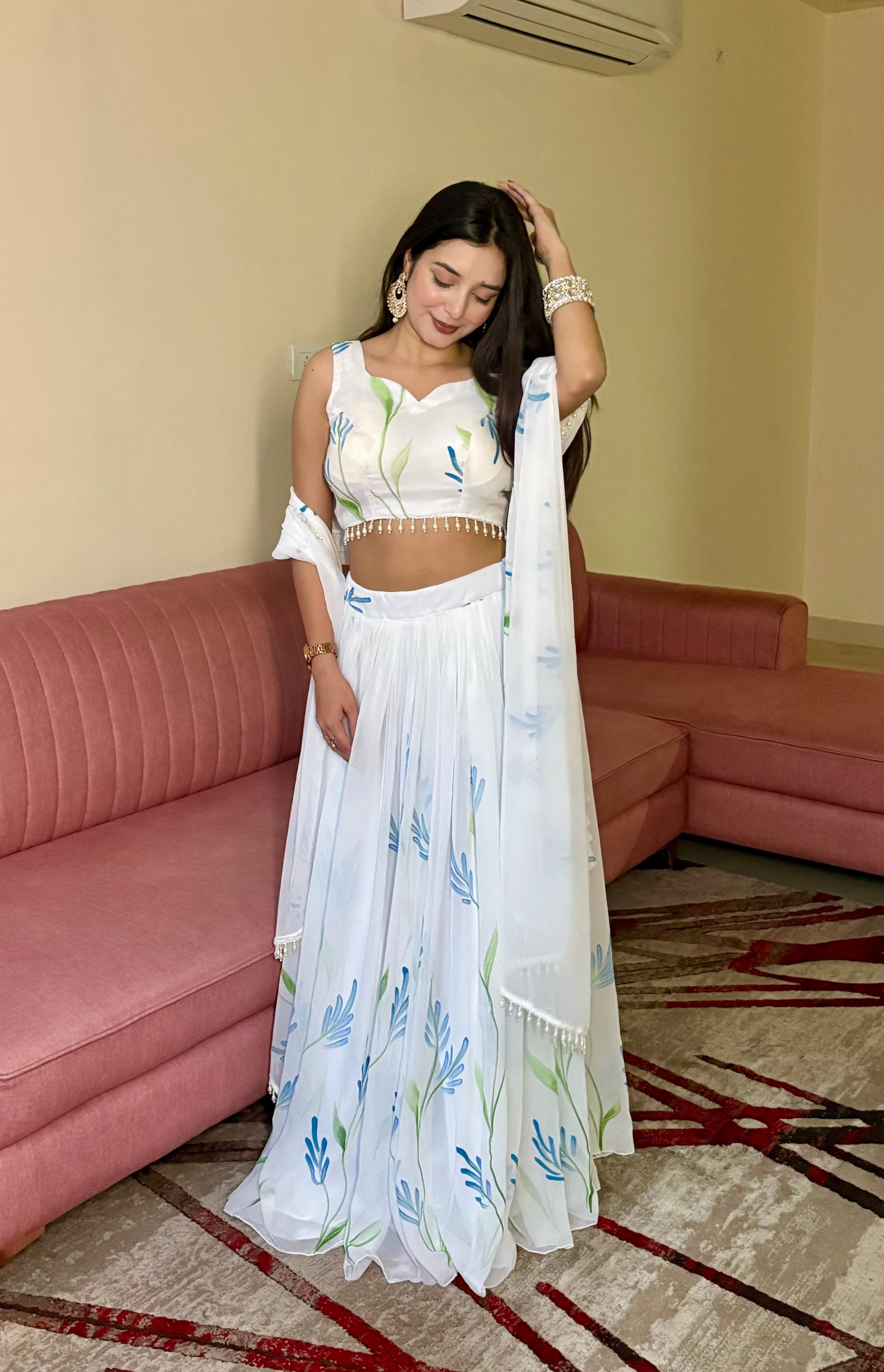 Lorenvalley Fashion White Georgette with Hand-painted Floral Design Lehenga Choli with Dupatta
