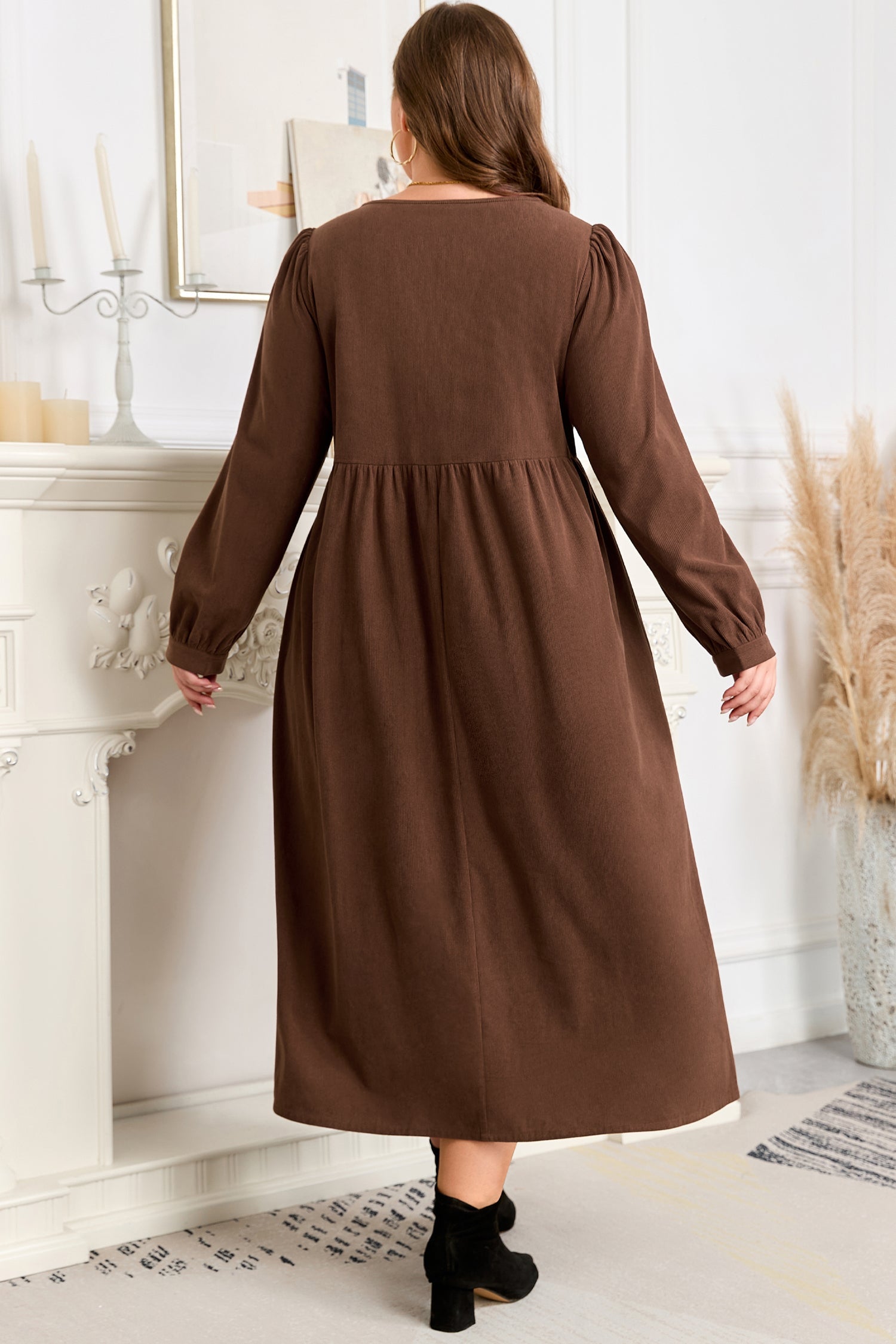 Coffee Embroidered Notched Neckline Pleated Midi Dress