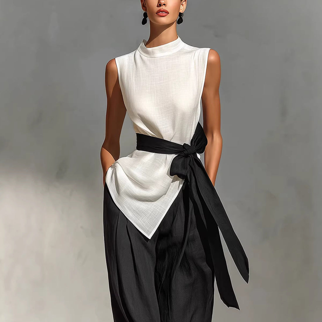 Women's Sleeveless Top and Wide-Leg Pants Set in White and Black