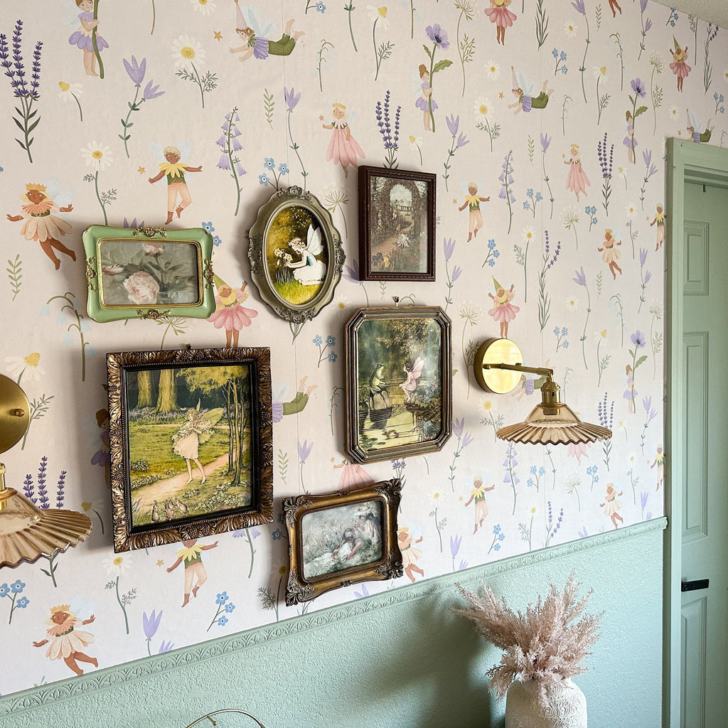 Iridessa floral pattern wallpaper in pink, lavender, and green for a whimsical room.