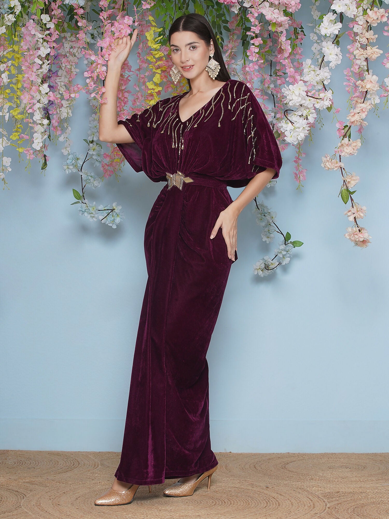 Joban Fashion Wine Hand Embellished Velvet Gown With Belt