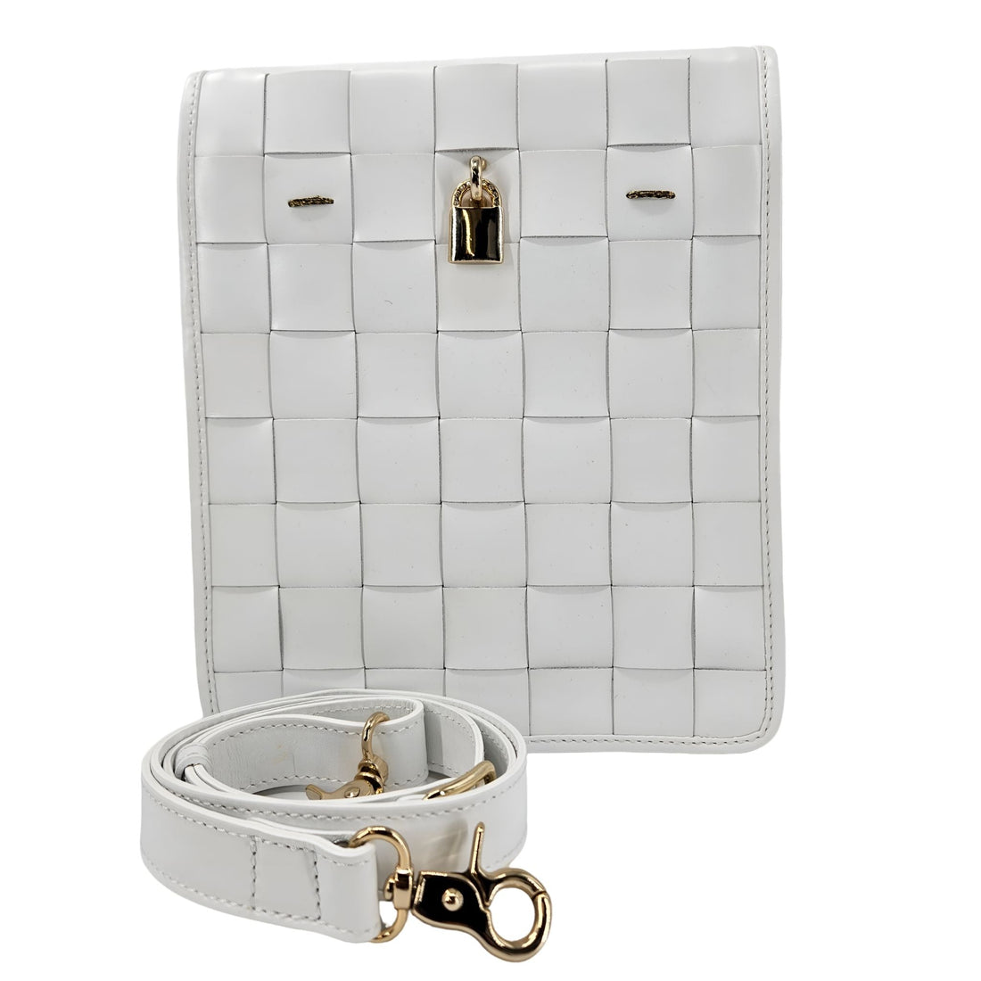 White woven leather crossbody bag with a gold-tone padlock closure and adjustable strap