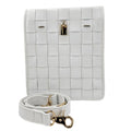 White woven leather crossbody bag with a gold-tone padlock closure and adjustable strap