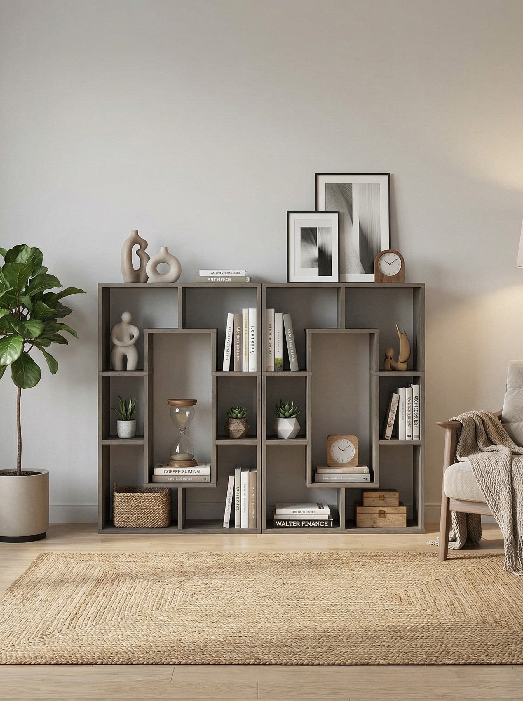 7-Tier Geometric Bookshelf, Narrow Bookcase for Small Spaces