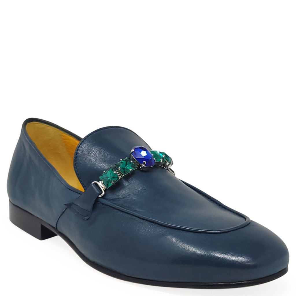 Blue Leather Flat Jeweled Loafer