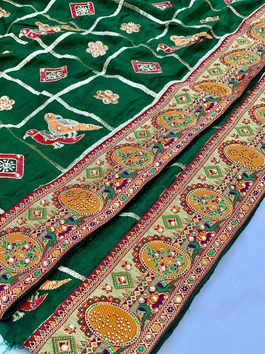 Premium Green Vichitra Silk Saree with Diamond and Embroidery