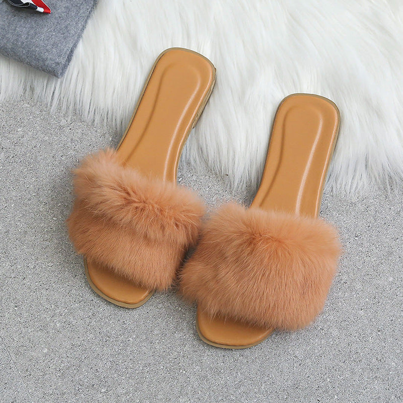 Women’s Faux Fur Slides – Open Toe Fluffy Flat Sandals