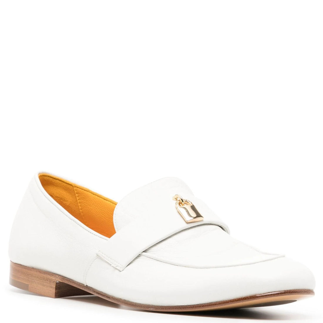 White Leather Lock Flat Loafers with Gold Hardware Details - Image 2
