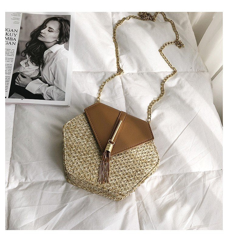 Woven Straw Circle Shoulder Bag Bohemian Summer Beach Handbag