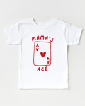 Minimalist unisex Mama's Ace cotton graphic t-shirt available in white, black, grey, and pink.
