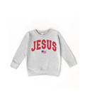 Kids patriotic Jesus themed sweatshirt in neutral tones.