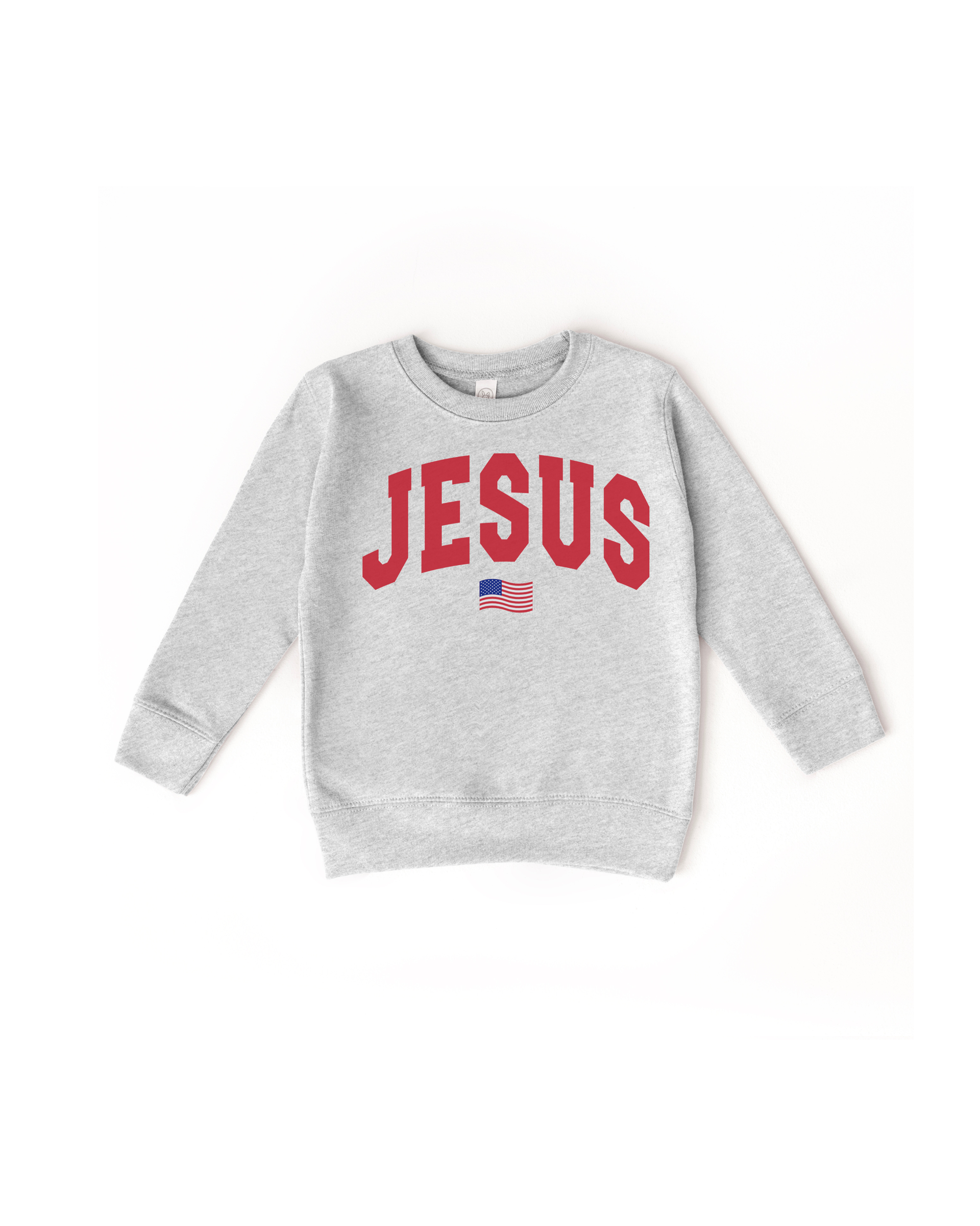 Kids patriotic Jesus themed sweatshirt in neutral tones.