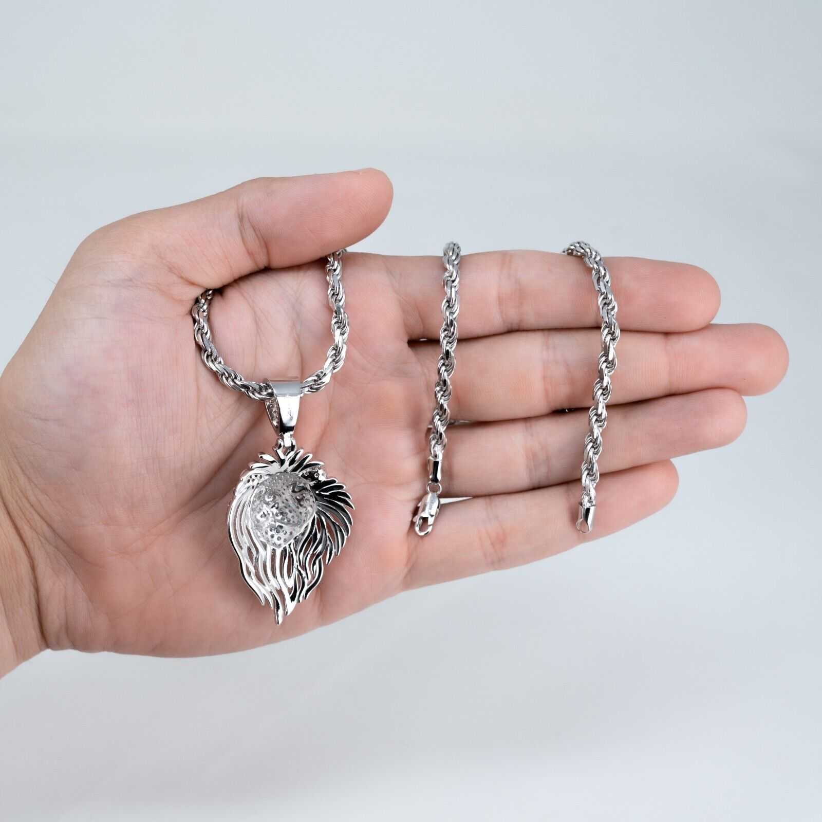Mens 4ct Moissanite Lion Head Pendant with 4mm Rope Chain 925 Silver Necklace