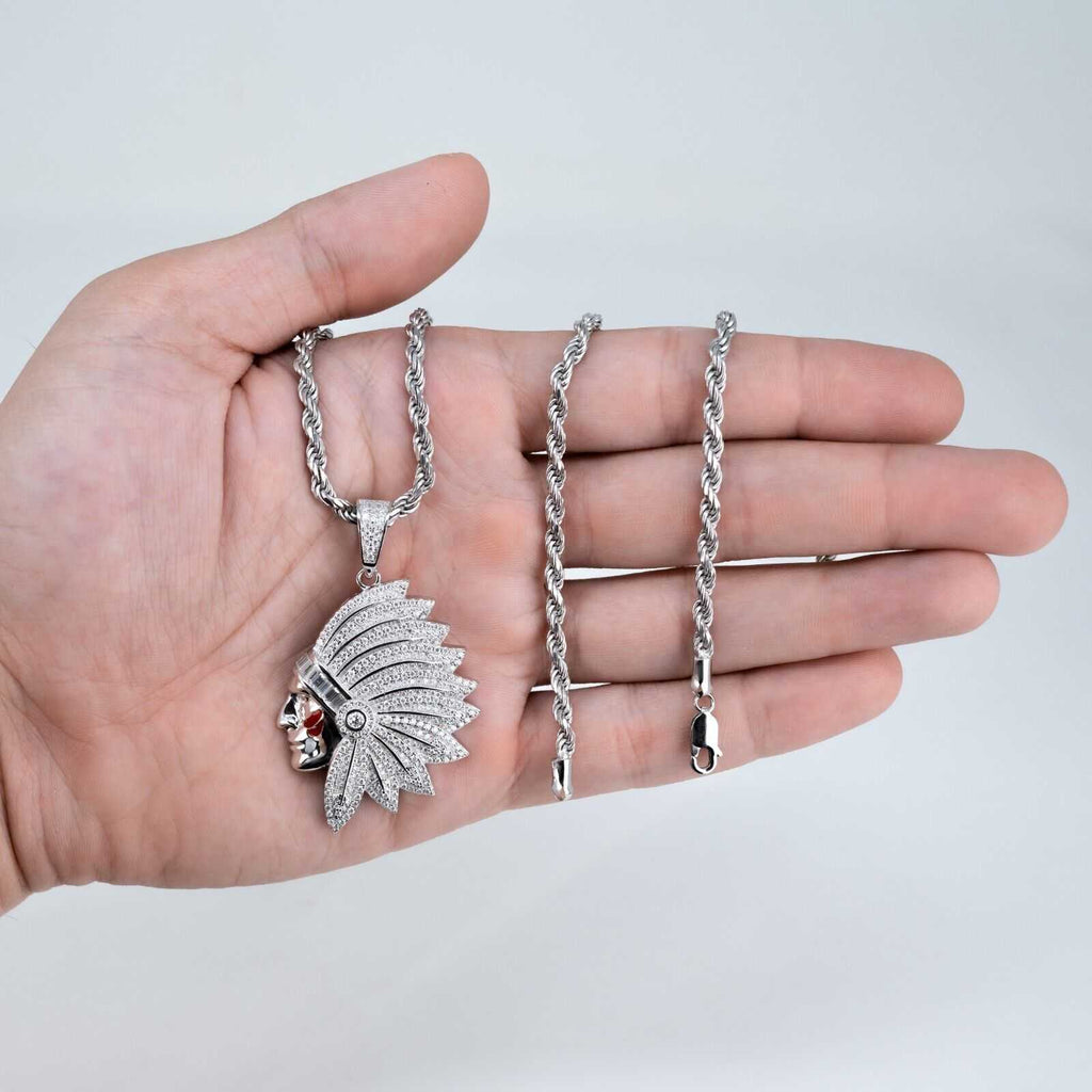 Mens Native American Indian Moissanite Face Pendant 3.3mm Rope Chain Necklace